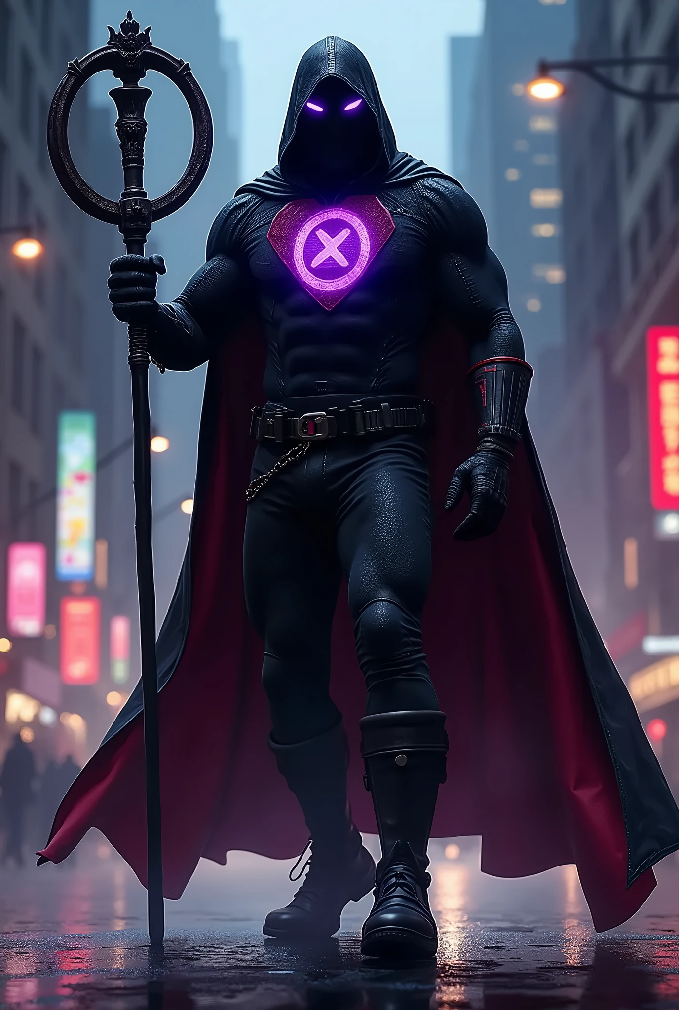 Create a hero with fire powers, purple uniform with black details and a red cape, with the character's traits, masculine, xmen, if the symbol x