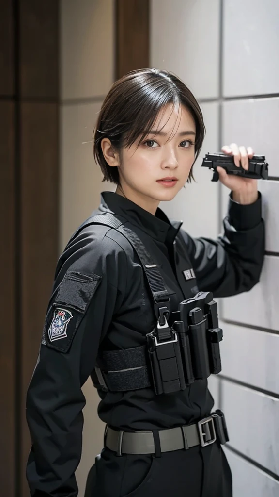 A woman in her 40s wearing a black uniform is holding a gun in a hallway., Wearing tactical gear, Photos of women in techwear, dressed in tactical armor, Black tactical gear, Tactical Vests and Holsters, Wear technical clothing and protective gear, Beautiful female soldier, He has a rifle., Close-up portrait shot, Has an MP7, Ready your gun?, Special Forces Security, Airsoft Gun CQB、Short hair parted in the middle、