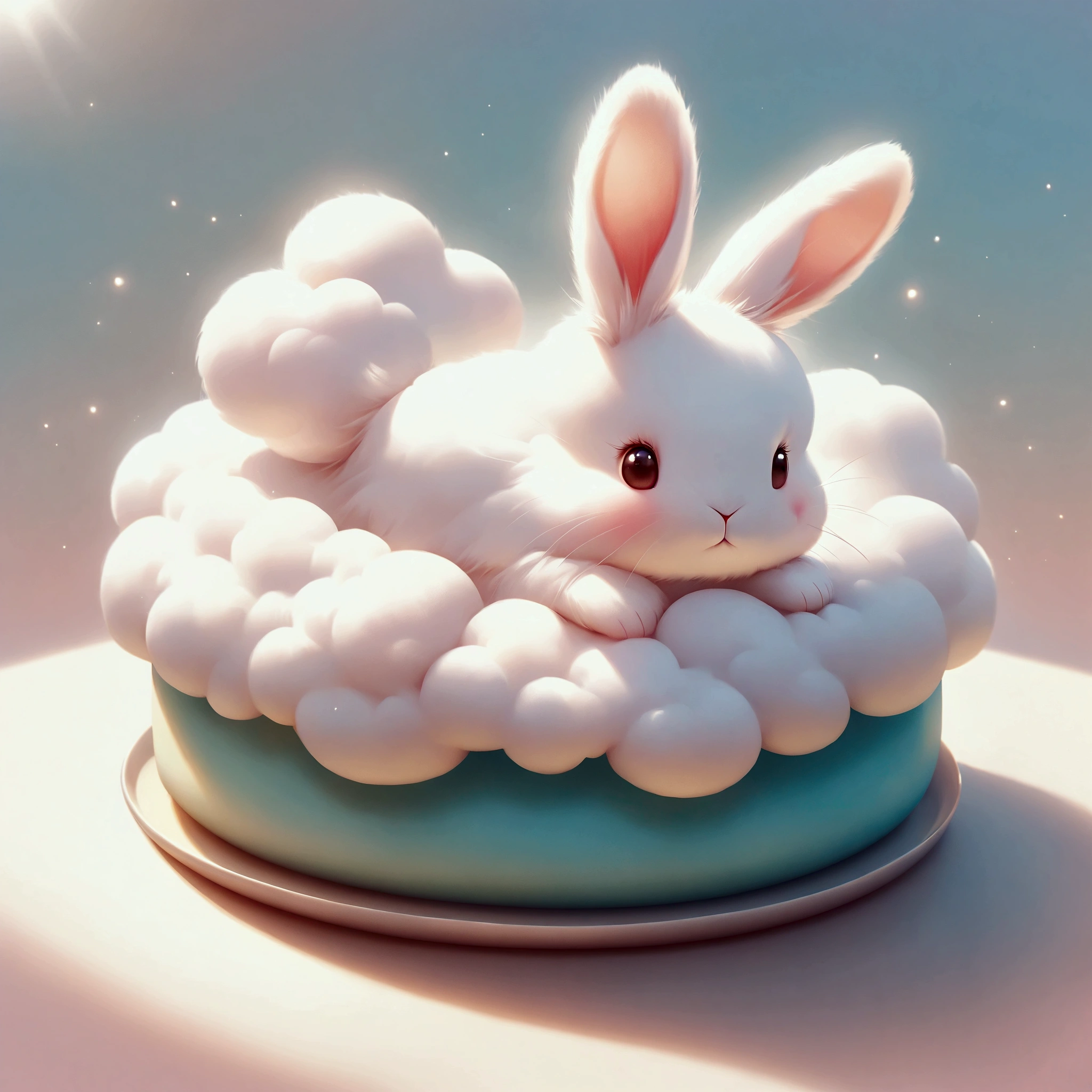 (rabbit-shaped white cloud:foam),(rabbit-shaped foam),Fluffy and fluffy,foam,cute,best composition,Artwork that children will enjoy seeing,create adorable backgrounds,pastel colors,Sparkling,fancy,fantasy