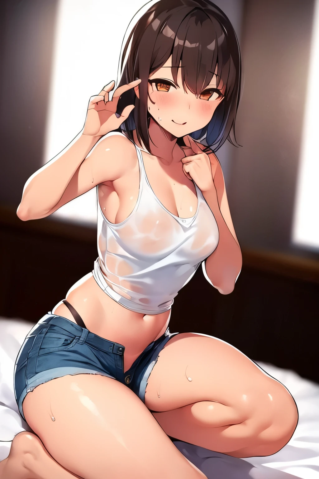 masterpiece, super fine illustration, best quality, light particles, ultra detailed, perfect anatomy, Japanese anime style, 8K, (woman), big breasts, (( black hair, two side up hair), absurdly medium hair), shiny hair, shiny skin, oily skin, (tight tanktop), sleeveless, denim shorts, tatami room, navel, (ahegao1:2), blush, (vaginal penis:1.3), (man:1.2), hetero, (lying:1.6), (girl spread legs:1.4), (intense Sex:1.6), cum out, nsfw, summer, sunlight, shadow, (pov),(sound effects:1.5,Japanese),(pussy juice, female ejaculation:1.3),