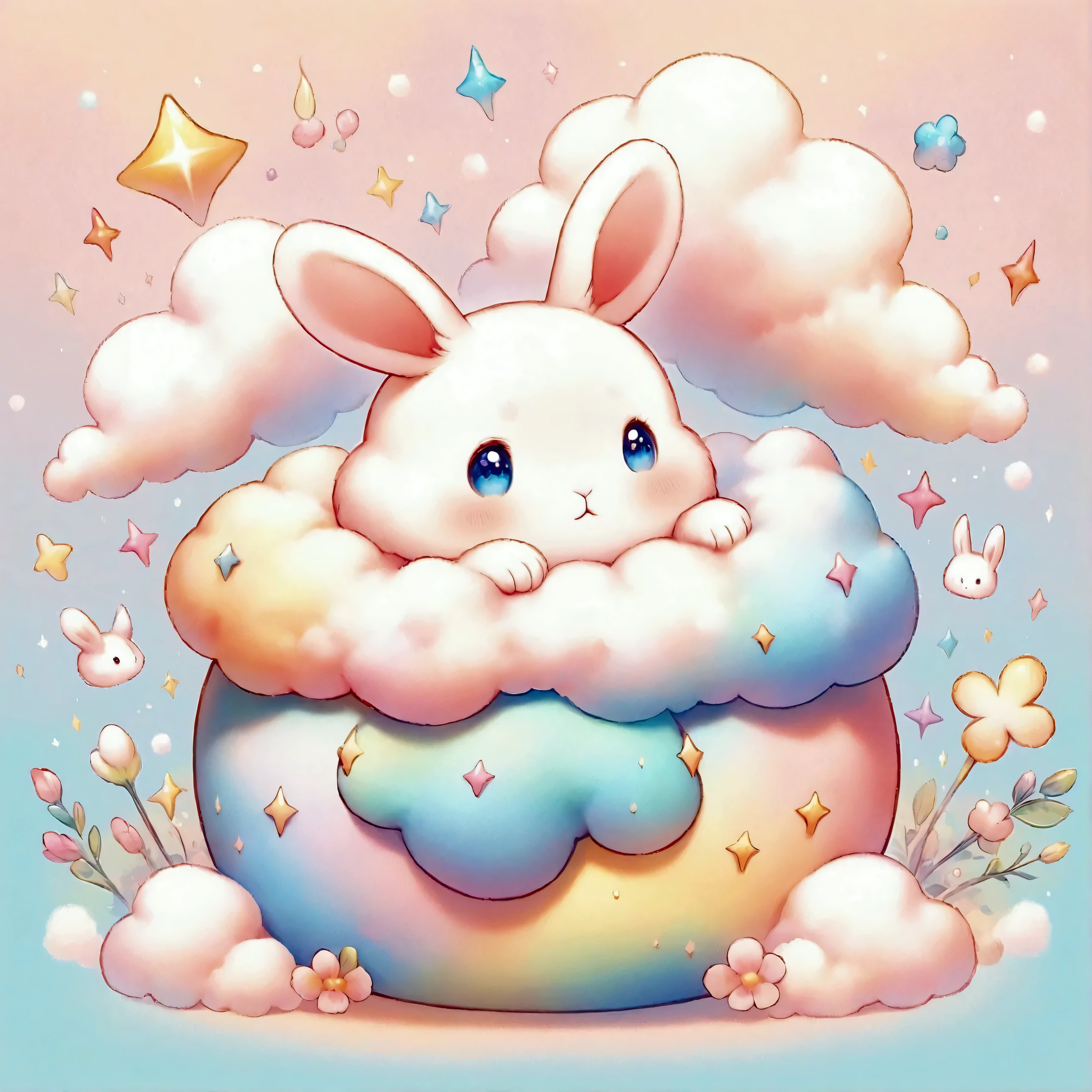 (rabbit-shaped white cloud:foam),(rabbit-shaped foam),Fluffy and fluffy,foam,cute,best composition,Artwork that children will enjoy seeing,create adorable backgrounds,pastel colors,Sparkling,fancy,fantasy