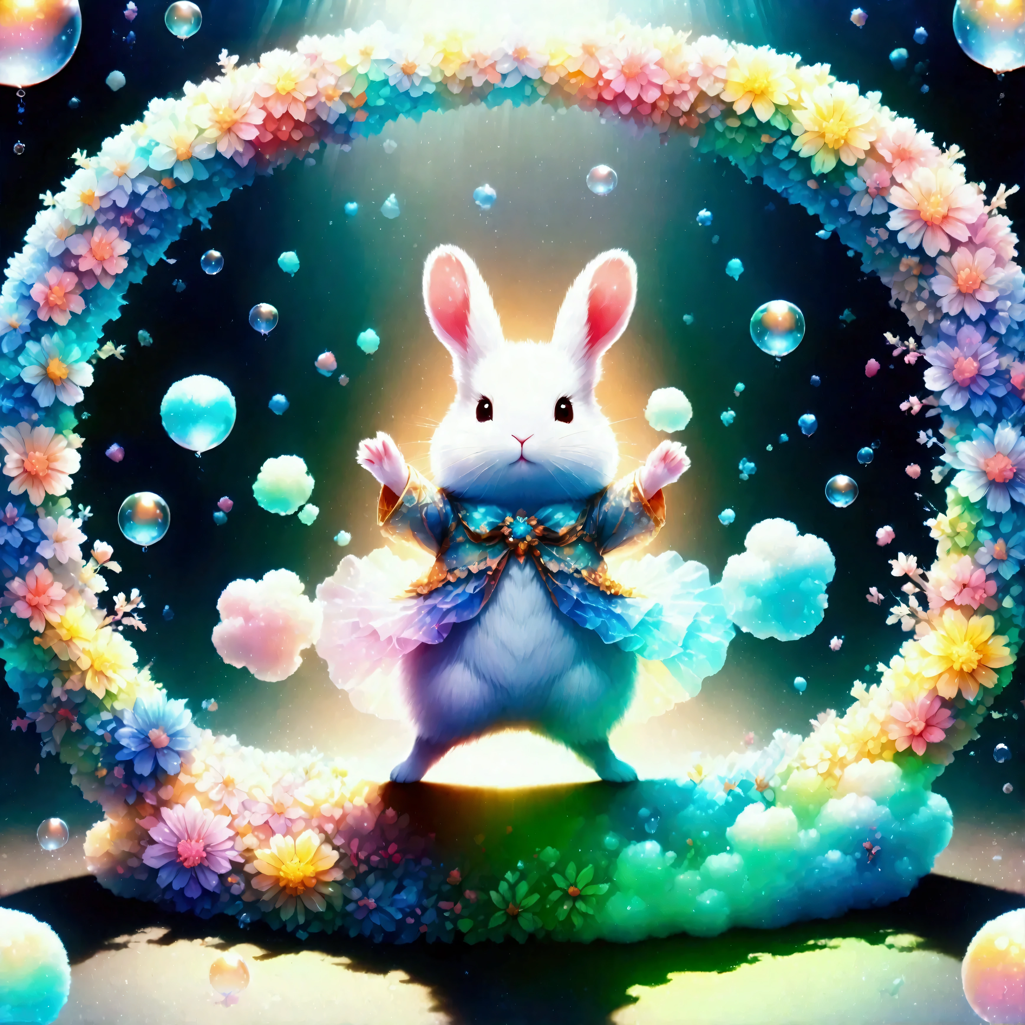 (rabbit-shaped white cloud:foam),(rabbit-shaped foam),Fluffy and fluffy,foam,cute,best composition,Artwork that children will enjoy seeing,create adorable backgrounds,pastel colors,Sparkling,fancy,fantasy