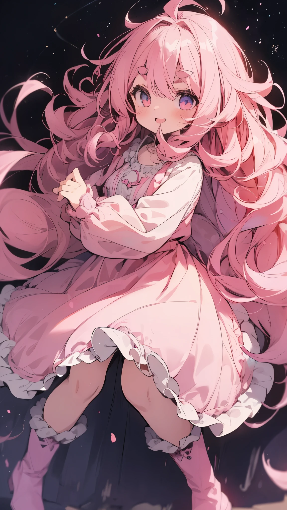 ((solo)),1girl\(smile, cute, Mouth open, (Fluffy hair:1.5), (hair floating),big eyes,cosmic eyes,Long Hair, ((loose curly hair)), Pink Hair, ((glorious hair)), eyebrow, (((Thick eyebrows))), frilled Pink dress, Long skirt, pastel blue Cardigan, Brown short boots,\)