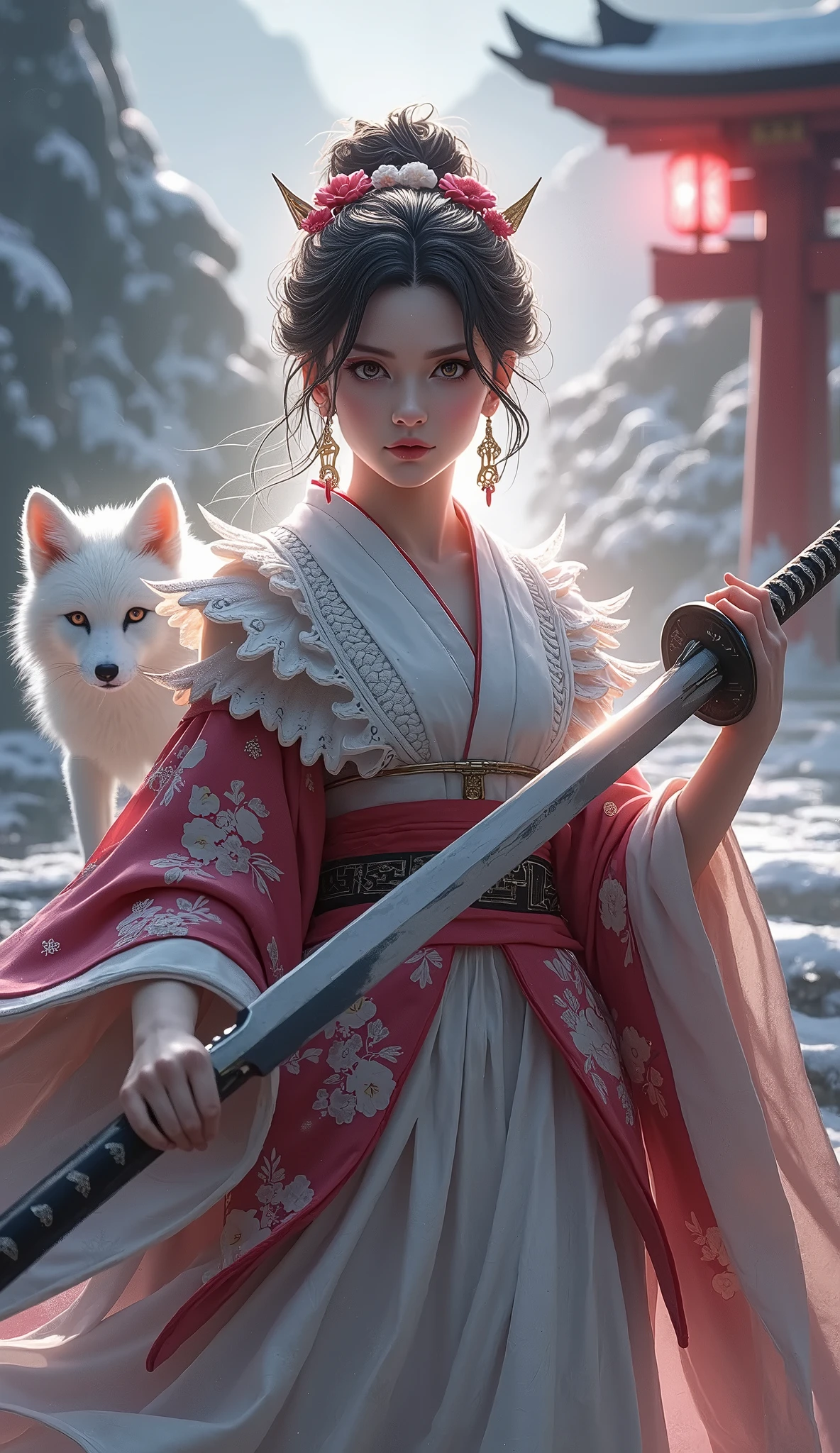 (((NSFW:1.5))),(((huge breast))),The enigmatic samurai woman (Musashi Miyamoto) wielding a long Japanese sword, Splitting with each powerful slash、Enveloped in the mist that obscures vision, Revealing a vivid and otherworldly scene, The clarity of the sword's slash against the hazy background, Mysterious Background, The white fox's sharp gaze met the viewer's., A layer of ethereal mist shrouding the foreground, Piercing, clear eyes, An exquisite and detailed kimono, Dramatic lighting and colors