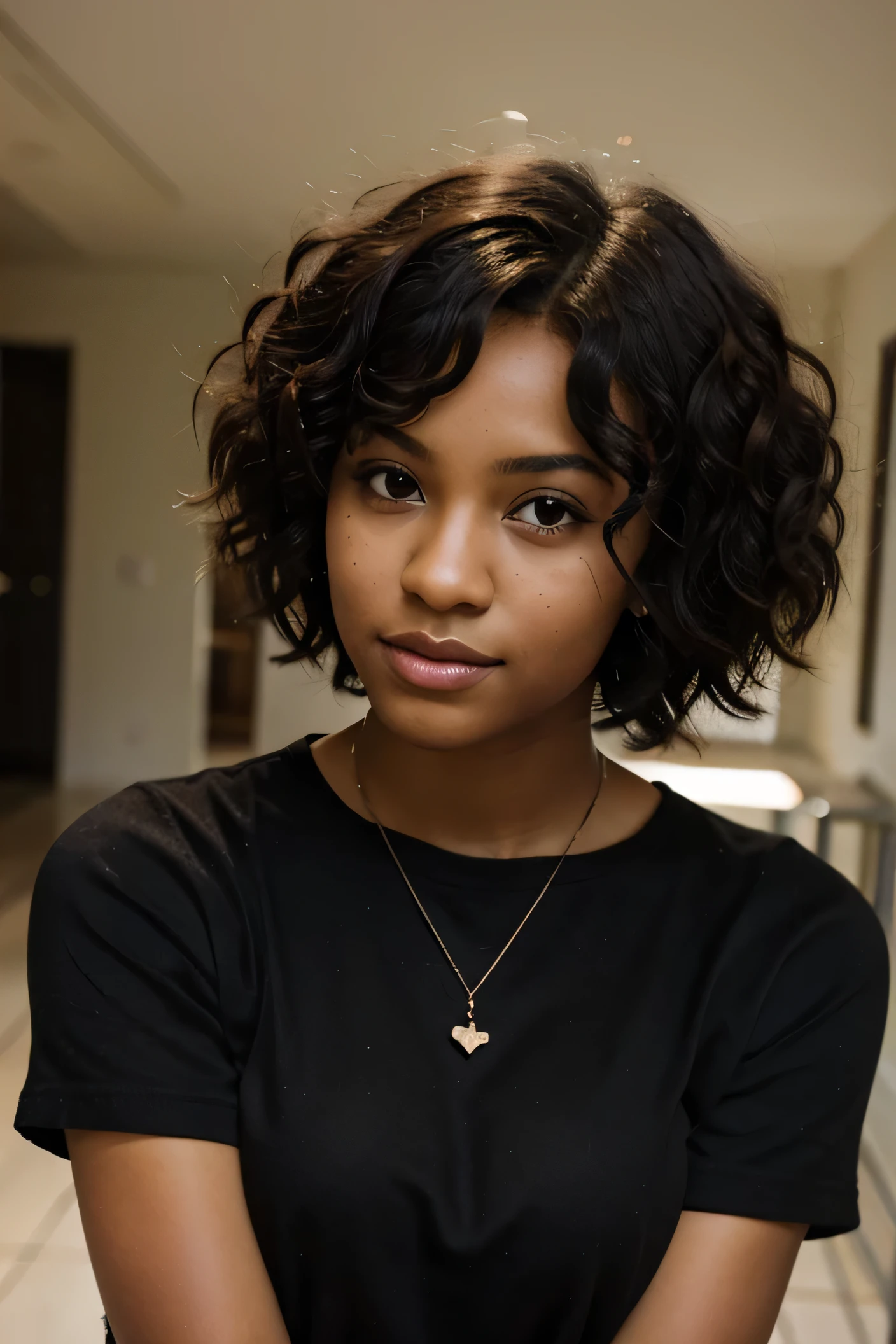make me a blythe doll, dark skin, short curly black hair to the shoulders, brown eyes