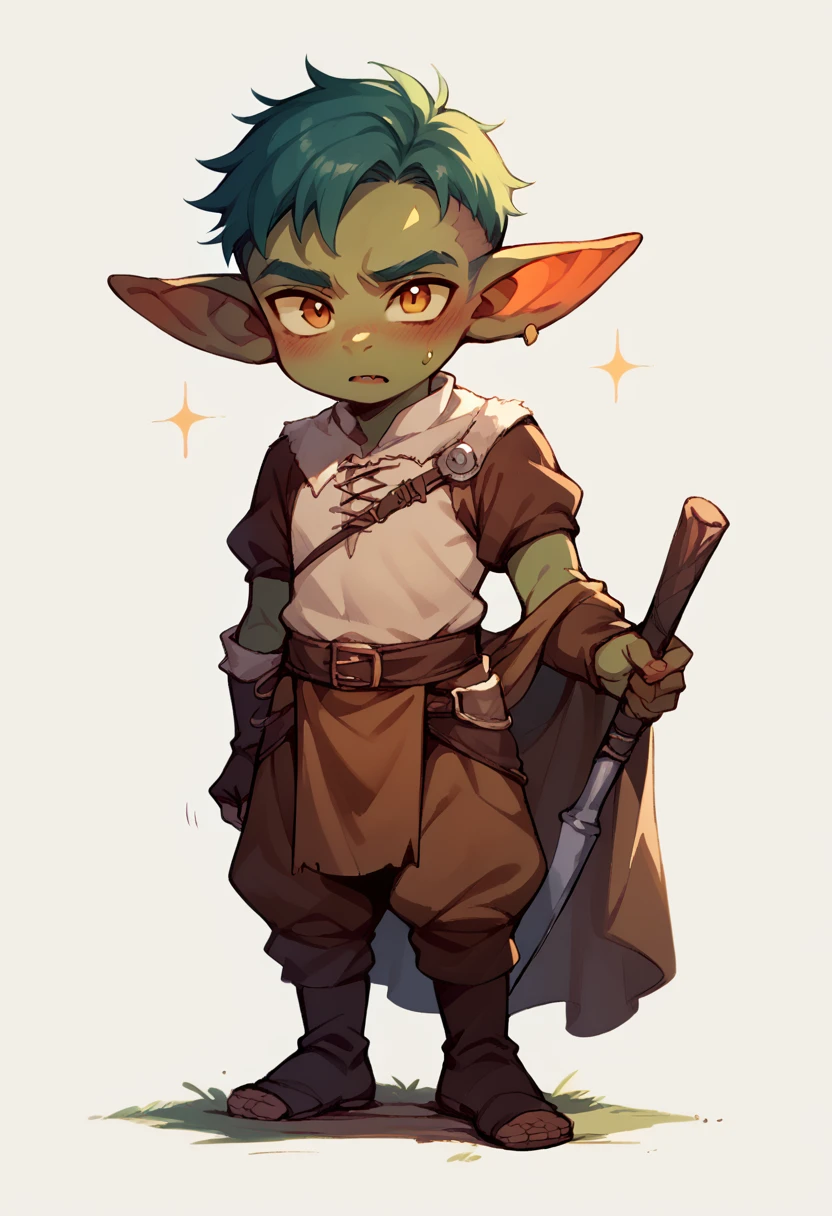 Three   goblin   smiling short hair color green one eye covered by her hair 