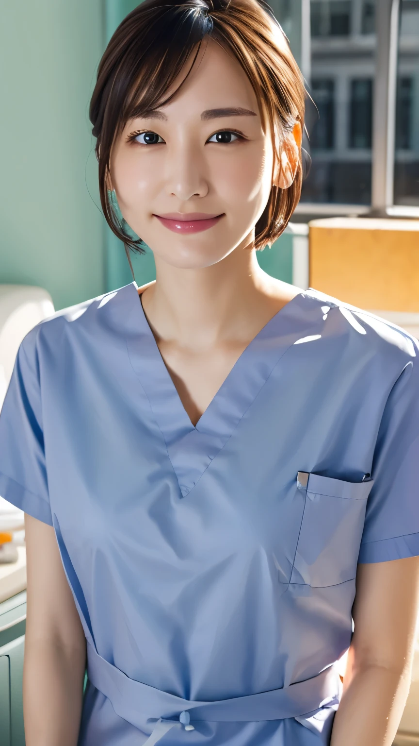  (Hospital room)、Thin face、、Embarrassing、(Light blue nurse uniform)、pubic hair、short hair、They hesitate,、Wet Hair,  Underarm,, (High color saturation:1.0),  (Very detailed肌), (Please redeem:1.0), (Ultra-high resolution:1.0) ,(Realistic:1.0), (Very detailed:1.0), (8k, RAW Photos:1.1)、Center of chest、Spread your legs、、pubic hair、Squirting、slender、standing、ponytail、necklace、Surgical Scrubs Nurse Uniform