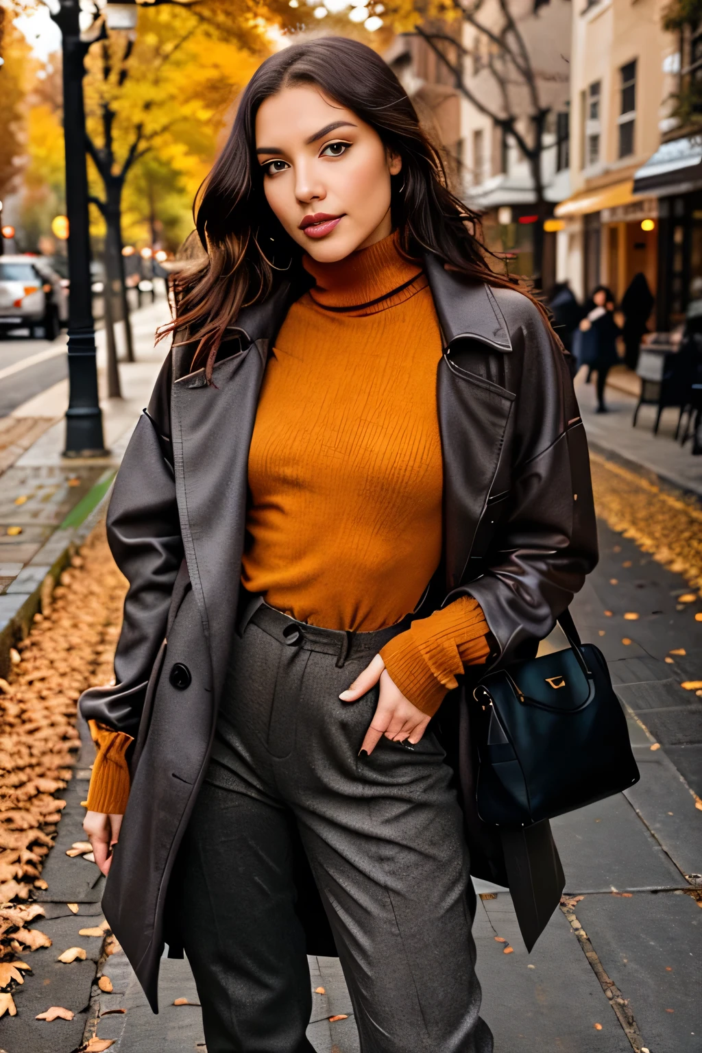 Create an image of a stylish female model wearing trendy autumn attire. She is dressed in a charcoal gray trench coat over a mustard yellow turtleneck sweater, paired with burnt orange tailored trousers. Her look is finished with dark brown suede boots and a matching dark brown leather satchel. Her chestnut hair is loosely styled, and the setting is a cobblestone street lined with trees shedding their crimson and golden leaves. The focus is on rich, earthy autumn colors that complement the season’s warm and cozy vibe, with a focus on elegant yet practical clothing for the cooler weather.