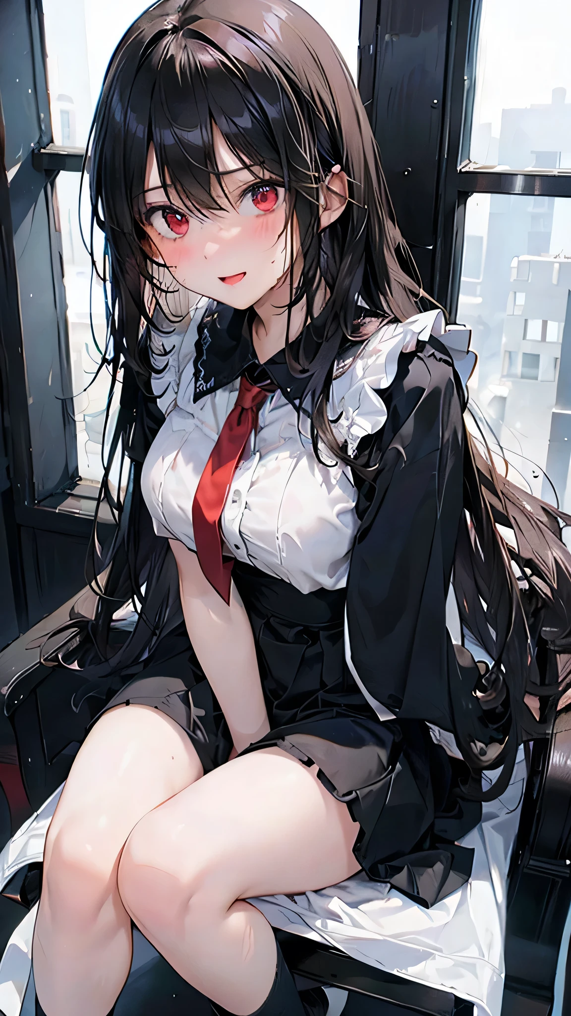 4K,teens girl,delicated face,Heart-type pupils,Long black hair exposed,Black eyes,Blush,Cat's ear headdress,Collar,short skirt,white stockings,high-heels,With a sword,stooped,On the street,full bodyesbian,The edges are illuminated