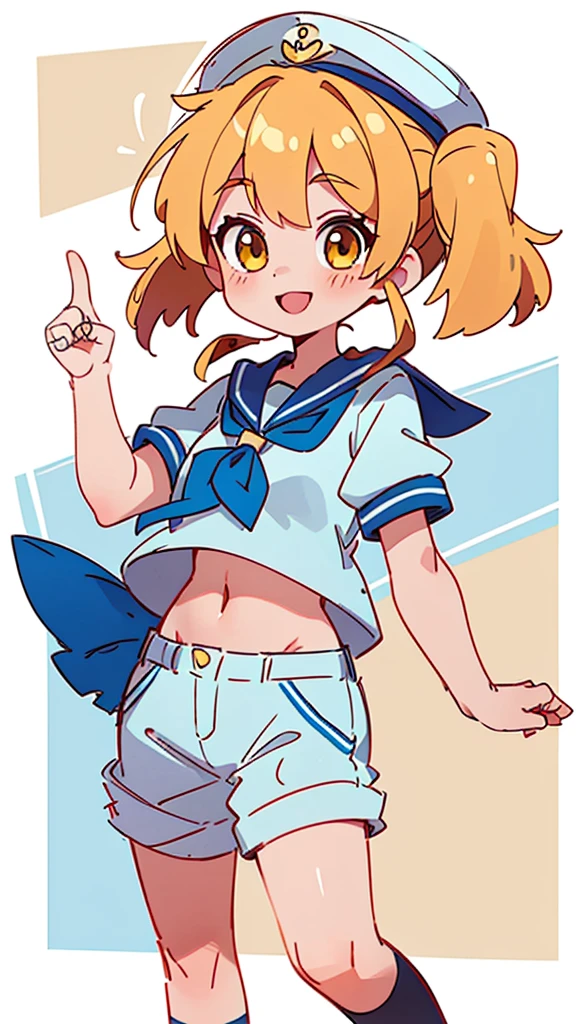 Twin-tailed golden-haired girl in sailor suit, Visible navel, Wear a hat and pants.a drawing of an anime character, clean line drawings, ultra cute girl, ultra cute face, ultra detailed eyes, ultra detailed hair, ultra cute, ultra beautiful, ((high end)), (UHD picture), (best quality,4k,8k,highres,masterpiece:1.2), top-quality(​masterpiece), top-quality, ultra-detailed, highly detailed texture, intricate details, high quality textures, masterpiece, best quality, perfect quality, perfect anatomy, perfect body, perfect symmetrical face, perfect hands, perfect feet, (two arms:1.2), (two legs:1.2), (five fingers each:1.2), (perfect joint:1.2), perfect joint movement, precise fingers and hands, 1 beautiful girl, 1 girl, alone, solo, , , ((())), ((childish)), (Best Quality, hight resolution), extremely detailed and lifelike, Vibrant colors, simple background, white socks, blonde hair, hat, blue sailor collar, twintails, sailor collar, sailor hat, yellow eyes, marine costume, short sleeves, shirt, blue neckerchief, white headwear, sailor, white shirt, white shorts, neckerchief, smile, Chiyuri