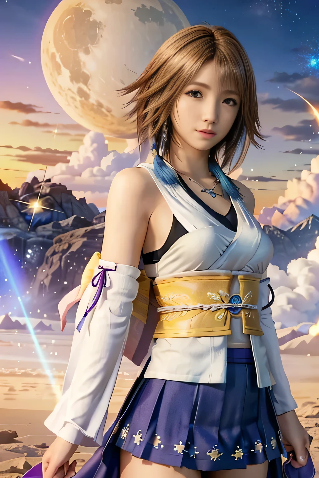 (masterpiece, highest quality:1.3)
((live-action)), (Real), Yuna FF10,  One Girl, alone, Show Viewer, smile, short hair, blue eyes, skirt, Brown Hair, hair ornaments, jewelry, underwear, Green Eyes, smile, Are standing, Upper Body, Removable sleeves, kimono, good, Heterochromia iridis, in the same way, in the same way skirt, blue in the same way, purple in the same way, Yuna (ff10) giantess, tiny shrunken galaxies