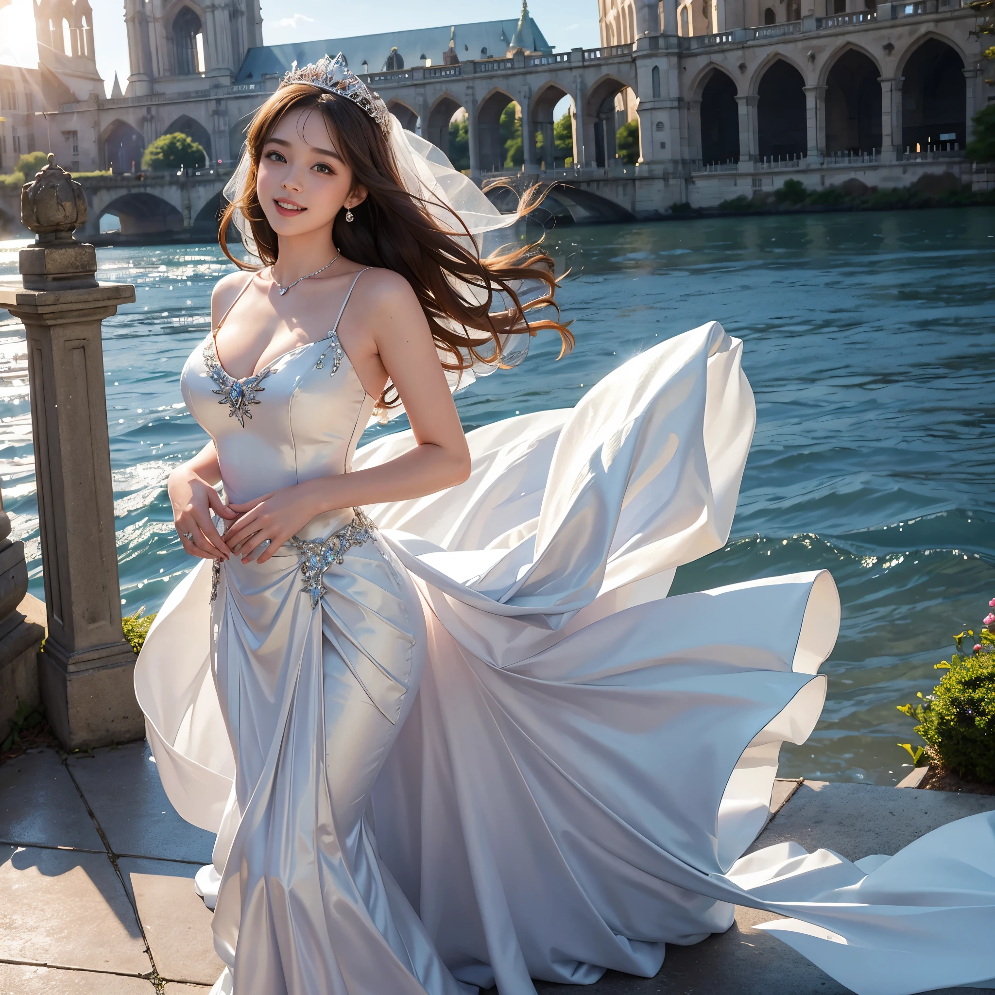best quality, masterpiece, There's only one woman, yak, cute , shiny lips, sweet, sun glare, Conservative attire, mermaid wedding dress, bridal tiara, depth of field, blurred background, Cathedral Background, light particles, strong wind, head tilt, long hair,