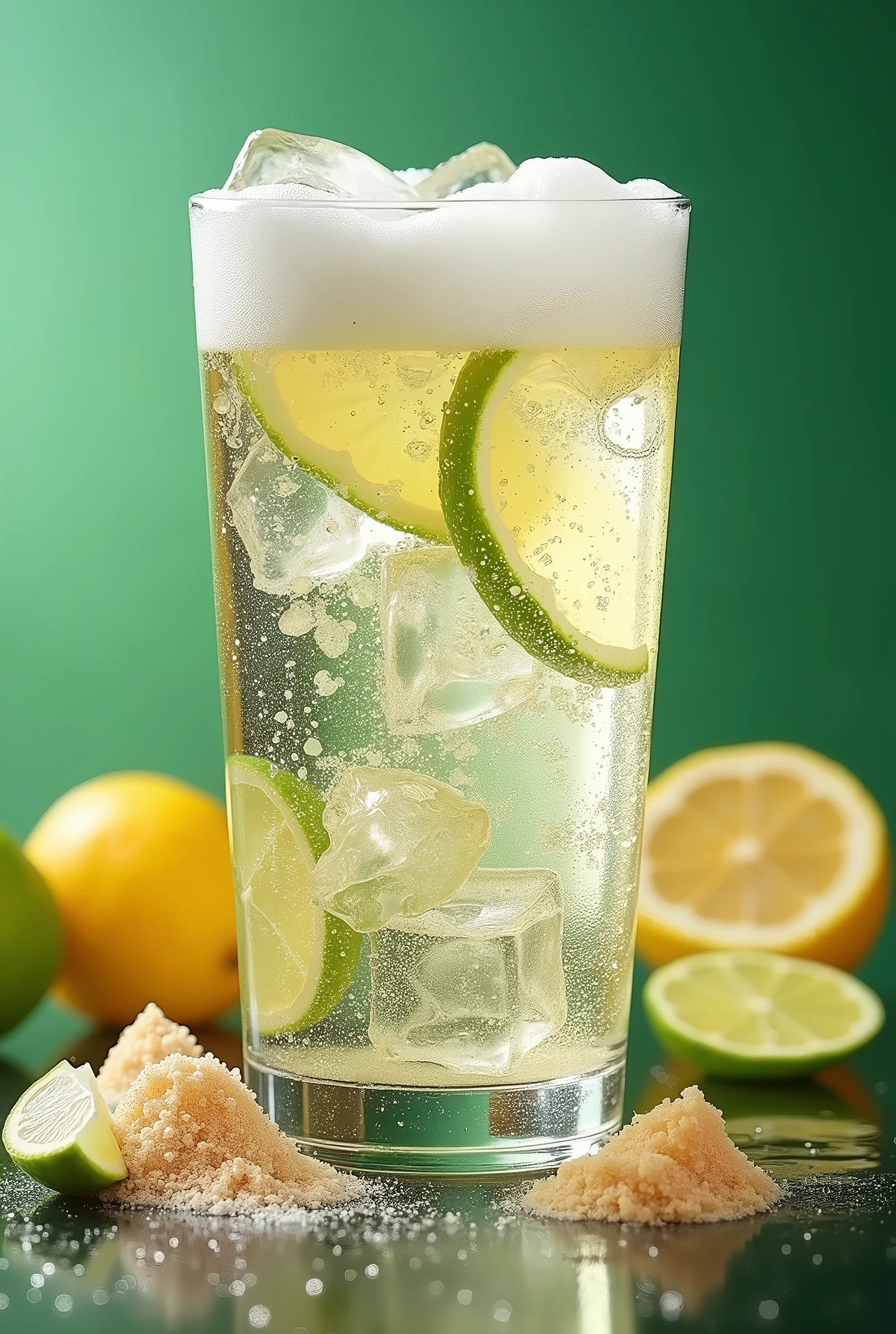 Create a stunning, high-fidelity image of a glass filled with Sprite, sparkling with effervescence and clinking with large, clear ice cubes. The Sprite is crystal clear, with tiny, vibrant bubbles rising through the liquid, creating a lively and refreshing appearance. A thick layer of frothy foam forms on the surface of the drink, more pronounced and voluminous, with intricate, micro-bubble details. The foam rises slightly above the rim of the glass, clinging to the edges and cascading gently down in light, airy waves. Each bubble reflects the ambient light, giving the foam a delicate, pearlescent sheen that enhances its texture and visual appeal.

The bubbles continue to fizz energetically from the Sprite, adding a dynamic, effervescent quality to the foam, as new bubbles rise to the surface, sustaining the frothy layer. The condensation on the cool glass and the interplay between the thick foam and sparkling bubbles contribute to a highly realistic and refreshing scene.

The ice cubes, partially submerged in the soda, shimmer with a frosty glow, reflecting the soft light and enhancing the drink's vibrant, lively feel. In the background, natural ingredients associated with Sprite—fresh lemon slices, lime wedges, and a pile of cane sugar crystals—are artfully arranged to add vibrancy and beauty. The lemons and limes, with their bright yellow and green hues, radiate freshness, while the cane sugar provides a rustic, natural touch with its crystalline texture. These elements frame the glass, emphasizing the lemon-lime flavor and tying the image to the natural essence of Sprite.

The overall atmosphere is bright, refreshing, and inviting, capturing the sensation of enjoying an ice-cold, frothy Sprite on a warm day. The thick, foamy layer, sparkling bubbles, ice cubes, and condensation on the glass create a lively and invigorating composition, while the carefully placed natural ingredients in the background add depth and a sense of authenticity.