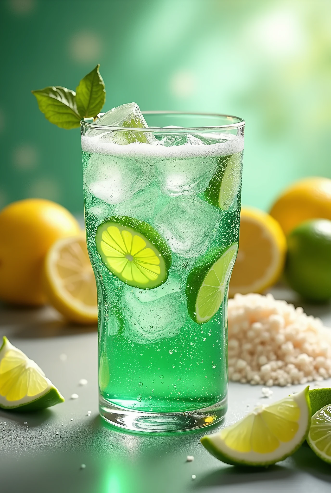 Create a stunning, high-fidelity image of a glass filled with Sprite, sparkling with effervescence and clinking with large, clear ice cubes. The Sprite is crystal clear, with tiny, vibrant bubbles rising through the liquid, creating a lively and refreshing appearance. A thick layer of frothy foam forms on the surface of the drink, more pronounced and voluminous, with intricate, micro-bubble details. The foam rises slightly above the rim of the glass, clinging to the edges and cascading gently down in light, airy waves. Each bubble reflects the ambient light, giving the foam a delicate, pearlescent sheen that enhances its texture and visual appeal.

The bubbles continue to fizz energetically from the Sprite, adding a dynamic, effervescent quality to the foam, as new bubbles rise to the surface, sustaining the frothy layer. The condensation on the cool glass and the interplay between the thick foam and sparkling bubbles contribute to a highly realistic and refreshing scene.

The ice cubes, partially submerged in the soda, shimmer with a frosty glow, reflecting the soft light and enhancing the drink's vibrant, lively feel. In the background, natural ingredients associated with Sprite—fresh lemon slices, lime wedges, and a pile of cane sugar crystals—are artfully arranged to add vibrancy and beauty. The lemons and limes, with their bright yellow and green hues, radiate freshness, while the cane sugar provides a rustic, natural touch with its crystalline texture. These elements frame the glass, emphasizing the lemon-lime flavor and tying the image to the natural essence of Sprite.

The overall atmosphere is bright, refreshing, and inviting, capturing the sensation of enjoying an ice-cold, frothy Sprite on a warm day. The thick, foamy layer, sparkling bubbles, ice cubes, and condensation on the glass create a lively and invigorating composition, while the carefully placed natural ingredients in the background add depth and a sense of authenticity.