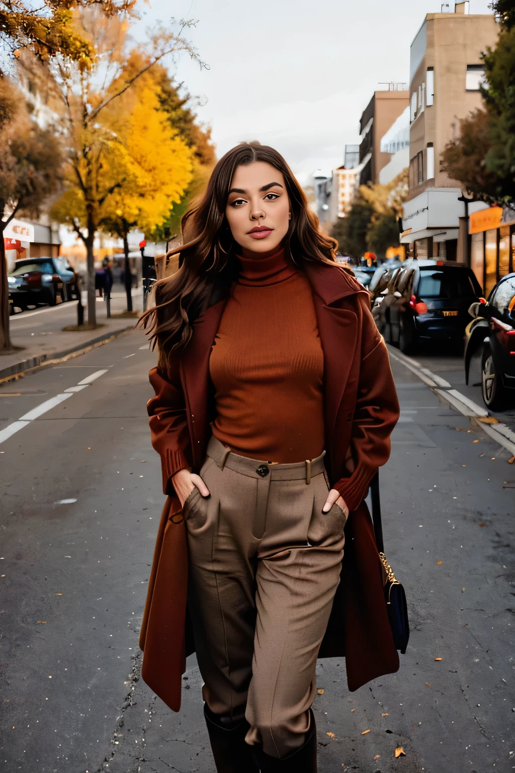 G Create an image of a fashionable female model dressed in trendy autumn clothing. She is wearing a long, rust-colored wool coat, paired with a chunky knit turtleneck sweater and tailored trousers in warm earth tones. The outfit is completed with knee-high leather boots, and she carries a sleek handbag. The model’s hair is styled in loose waves, and the scene is set in a city street lined with trees whose leaves have turned shades of orange and yellow. No short or revealing clothing, focusing on comfort and style for cooler weather. Hands completely in the trouser pockets