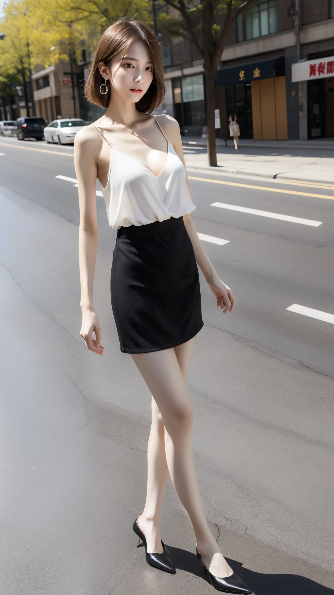 Ultra-clear resolution,top Quority,Wonderful young girl,ear studs,Clear eyes,plain face,Gloss on lips,s the perfect face,White skin,Perfect chest,Large breasts,Slender legs,pantyhose,Gray office miniskirt,high-heels,street