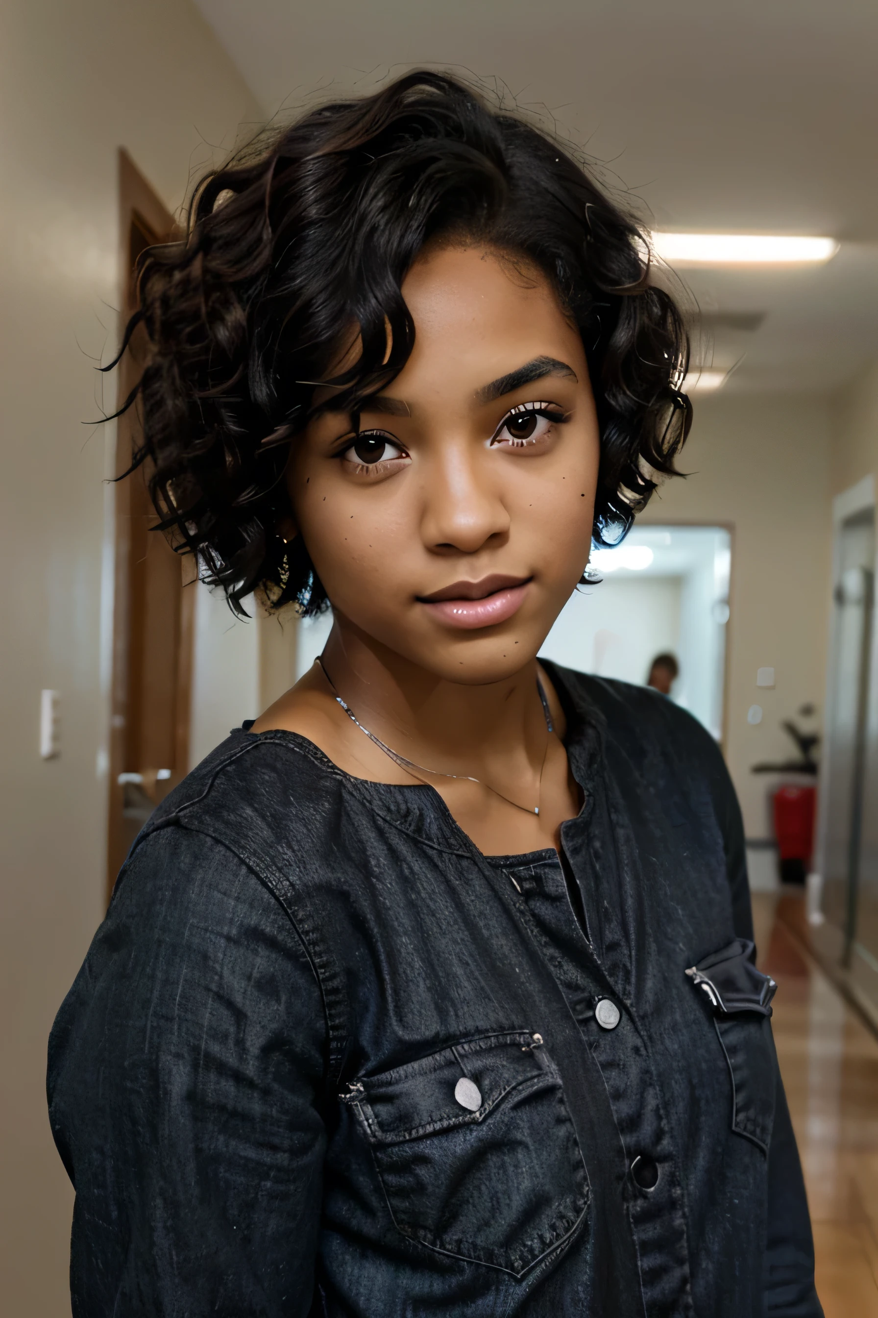 a african american model, medium bob curly hairs, urban girl, posing, big eye lashes, realistic photography, living in colarado