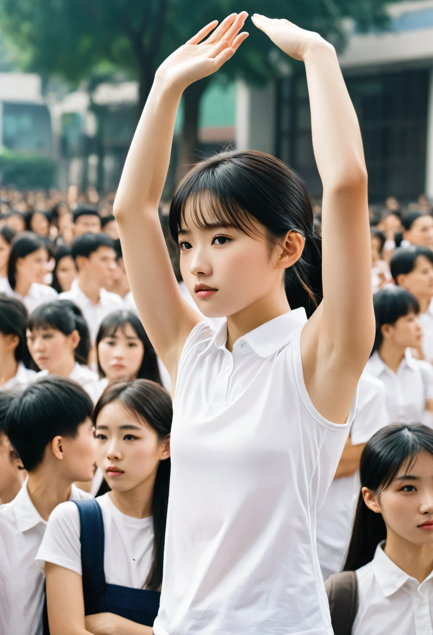 A female junior high school student, ethnic Chinese, slim and athletic body, wearing a very tight white shirt that is sleeveless, raised both hands to show his armpits, standing in front of many people who were looking at him, his face is gloomy