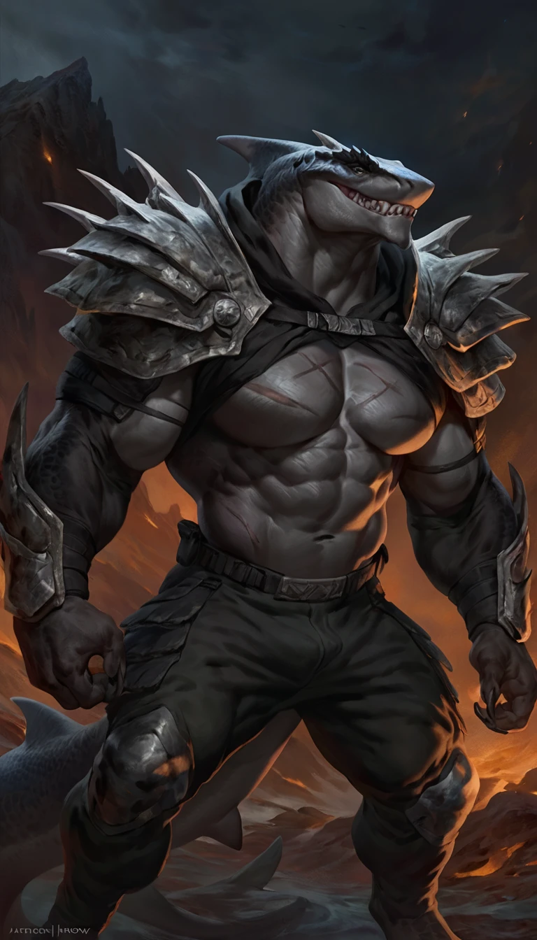 Muscular monster shark lizard, solo, pants, four arms, mercenary, dark gray body, body made of steel, strong, in motion, armless transparent tight tarpaulin, wearing a fur mantle on the shoulders, detailed scales, black belly, scars on body, 1male solo, anthro, muscular, wide back, small waist, thick tail, thick scales on the shoulders, marked jaw, pecs, big pecs, pants, full body, comicbook style, night time,  best quality, 4k, ultra-detailed, by laobai, by taran fiddler, by honovy, by null-ghost, by thebigslick