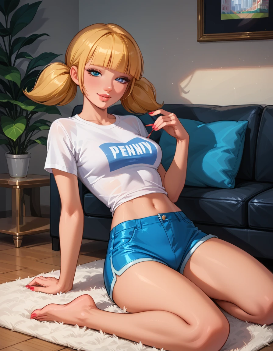 score_9, score_8_up, score_7_up, cinematic film still, solo, 1girl, very sexy (penny, blonde hair, twintails, blunt bangs, blue eyes, wearing sexy booty shorts, tight tshirt, short sleeves, midriff, barefoot:1.5), beautiful waifu, thicc, flirt, gaze, sexy look, half-closed eyes, head tilt, filled lips, thick lips, sweet smile, makeup, sexy pose, sitting on a large comfy sofa, in the living room, beautiful modern apartment, city living, expressiveh d4rk01l, perfect hands, perfect proportions.