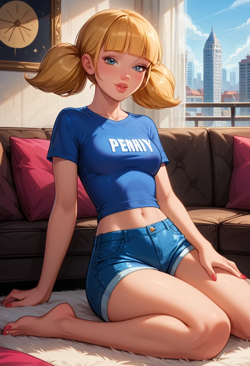 score_9, score_8_up, score_7_up, cinematic film still, solo, 1girl, very sexy (penny, blonde hair, twintails, blunt bangs, blue eyes, wearing sexy booty shorts, tight tshirt, short sleeves, midriff, barefoot:1.5), beautiful waifu, thicc, flirt, gaze, sexy look, half-closed eyes, head tilt, filled lips, thick lips, sweet smile, makeup, sexy pose, sitting on a large comfy sofa, in the living room, beautiful modern apartment, city living, expressiveh d4rk01l, perfect hands, perfect proportions.