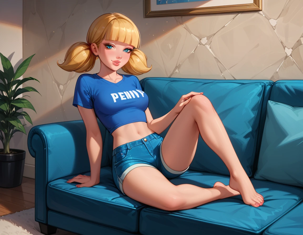 score_9, score_8_up, score_7_up, cinematic film still, solo, 1girl, very sexy (penny, blonde hair, twintails, blunt bangs, blue eyes, wearing sexy booty shorts, tight tshirt, short sleeves, midriff, barefoot:1.5), beautiful waifu, thicc, flirt, gaze, sexy look, half-closed eyes, head tilt, filled lips, thick lips, sweet smile, makeup, sexy pose, sitting on a large comfy sofa, in the living room, beautiful modern apartment, city living, expressiveh d4rk01l, perfect hands, perfect proportions.