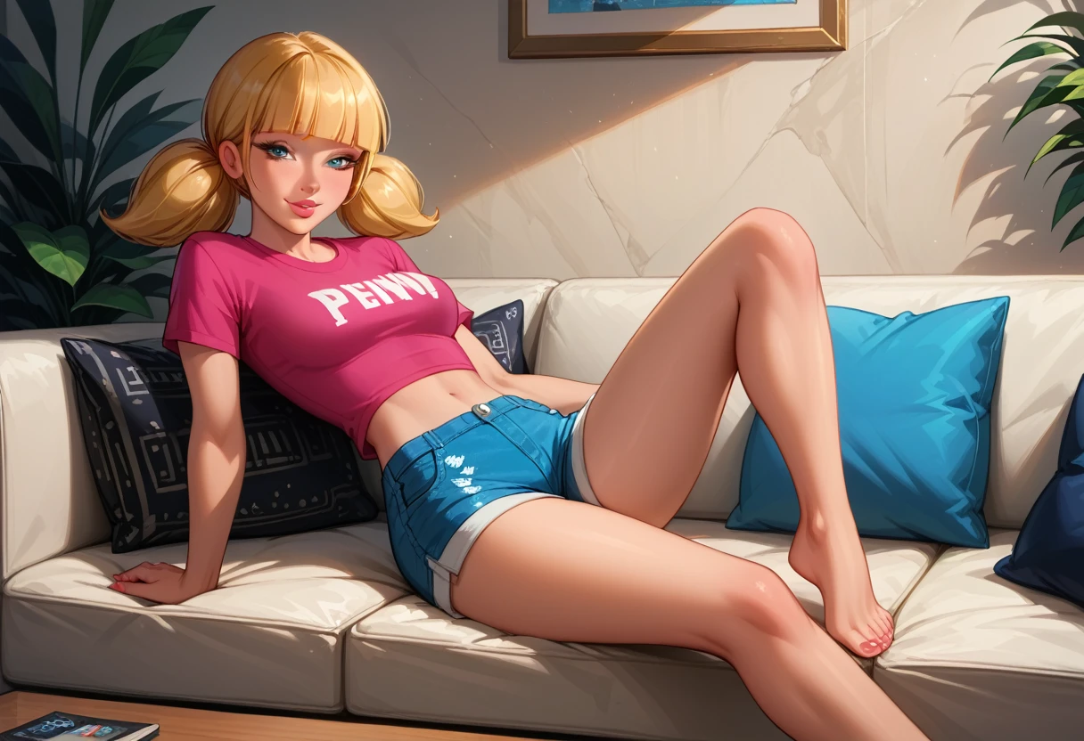 score_9, score_8_up, score_7_up, cinematic film still, solo, 1girl, very sexy (penny, blonde hair, twintails, blunt bangs, blue eyes, wearing sexy booty shorts, tight tshirt, short sleeves, midriff, barefoot:1.5), beautiful waifu, thicc, flirt, gaze, sexy look, half-closed eyes, head tilt, filled lips, thick lips, sweet smile, makeup, sexy pose, sitting on a large comfy sofa, in the living room, beautiful modern apartment, city living, expressiveh d4rk01l, perfect hands, perfect proportions.