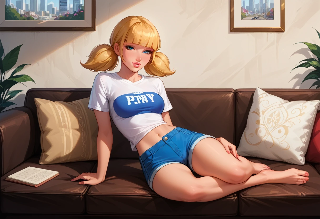 score_9, score_8_up, score_7_up, cinematic film still, solo, 1girl, very sexy (penny, blonde hair, twintails, blunt bangs, blue eyes, wearing sexy booty shorts, tight tshirt, short sleeves, midriff, barefoot:1.5), beautiful waifu, thicc, flirt, gaze, sexy look, half-closed eyes, head tilt, filled lips, thick lips, sweet smile, makeup, sexy pose, sitting on a large comfy sofa, in the living room, beautiful modern apartment, city living, expressiveh d4rk01l, perfect hands, perfect proportions.