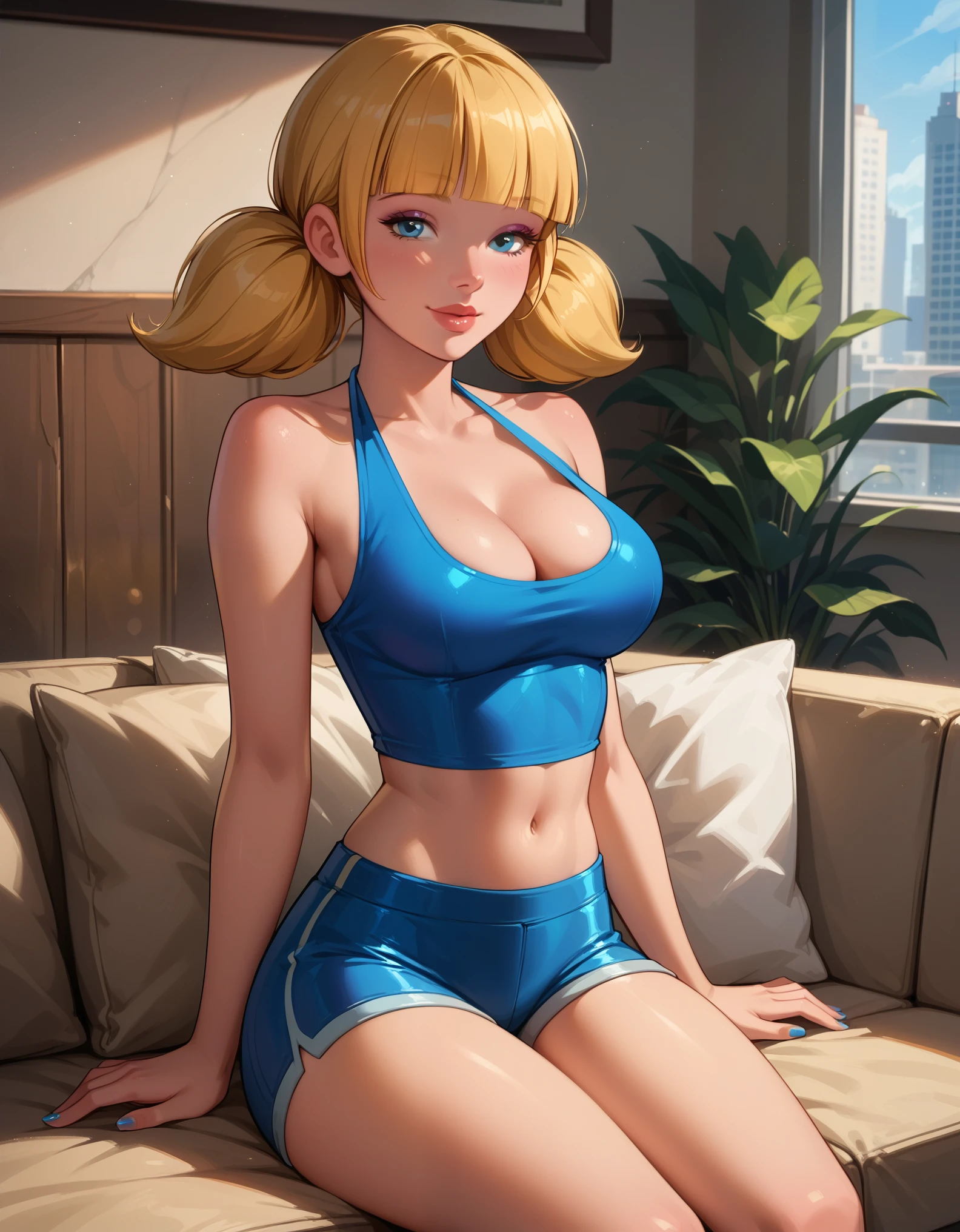 score_9, score_8_up, score_7_up, cinematic film still, solo, 1girl, very sexy (penny, blonde hair, twintails, blunt bangs, blue eyes, wearing tight shorts and tight halter top, sleeveless, exposed shoulders, cleavage, midriff, navel:1.5), beautiful waifu, thicc, flirt, gaze, sexy look, half-closed eyes, head tilt, filled lips, thick lips, sweet smile, makeup, sexy pose, sitting on a large comfy sofa, in the living room, beautiful modern apartment, city living, expressiveh d4rk01l, perfect hands, perfect proportions.