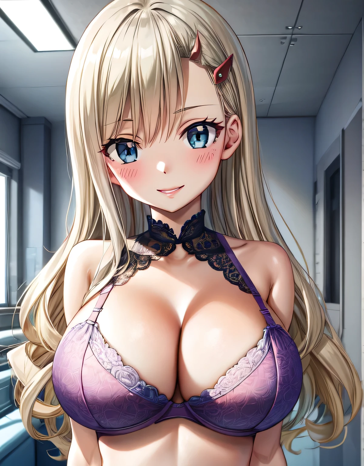 hmrb,cleavage,long hair,hairclip,,smile,blush,lips,indoor room,blue eyes,(large breasts:1.55),(shiny hair),((solo)),((masterpiece)),((best quality)),perfect anatomy,slim waist,perfect image,8k UHD,(beautiful detailed eyes:1.5),extremely detailed face,standing,(upper body:1.2),(look at the front:1.5),ultra-detailed,absurdres,ultra-highres,arms behind back,bra,(deep cleavage:1.1),