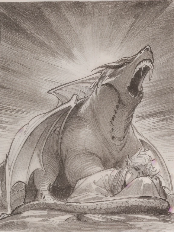 (masterpiece, highest quality, very detailed: 1.5), black and white, ((sepia)), ((pencil drawing)), fantasy, medieval europe, art nouveau, western art, dragon, fire-breathing dragon, red dragon flying in the sky, dragon sleeping on gold coins, lizard, snake