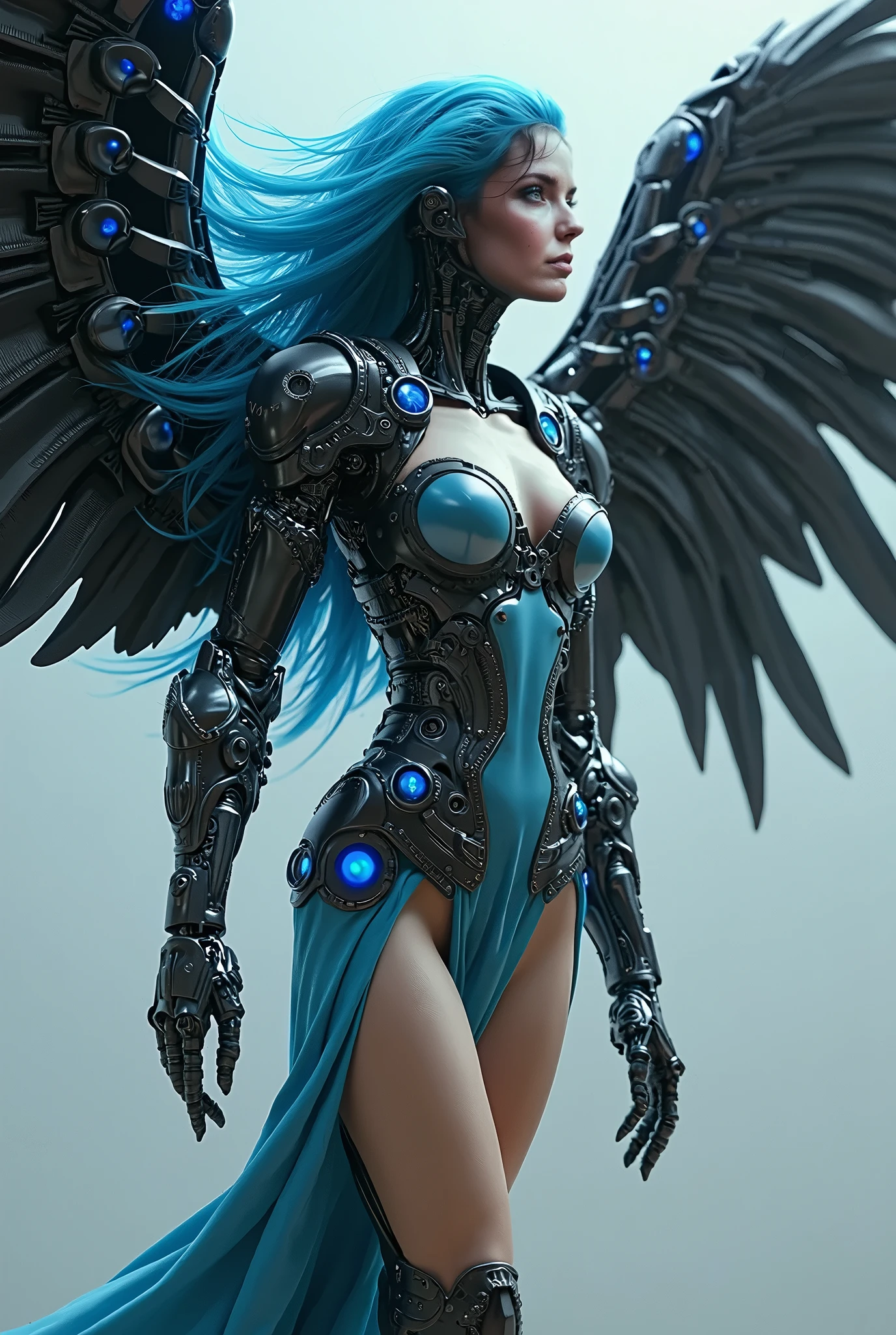 a cyborg girl with asymmetrical metallic wings, long flowing blue hair, intricate mechanical parts, in a futuristic world scene, (best quality,4k,8k,highres,masterpiece:1.2),ultra-detailed,(realistic,photorealistic,photo-realistic:1.37),oil painting,concept art,hyper detailed,dynamic pose,dramatic lighting,vibrant colors,cinematic angle