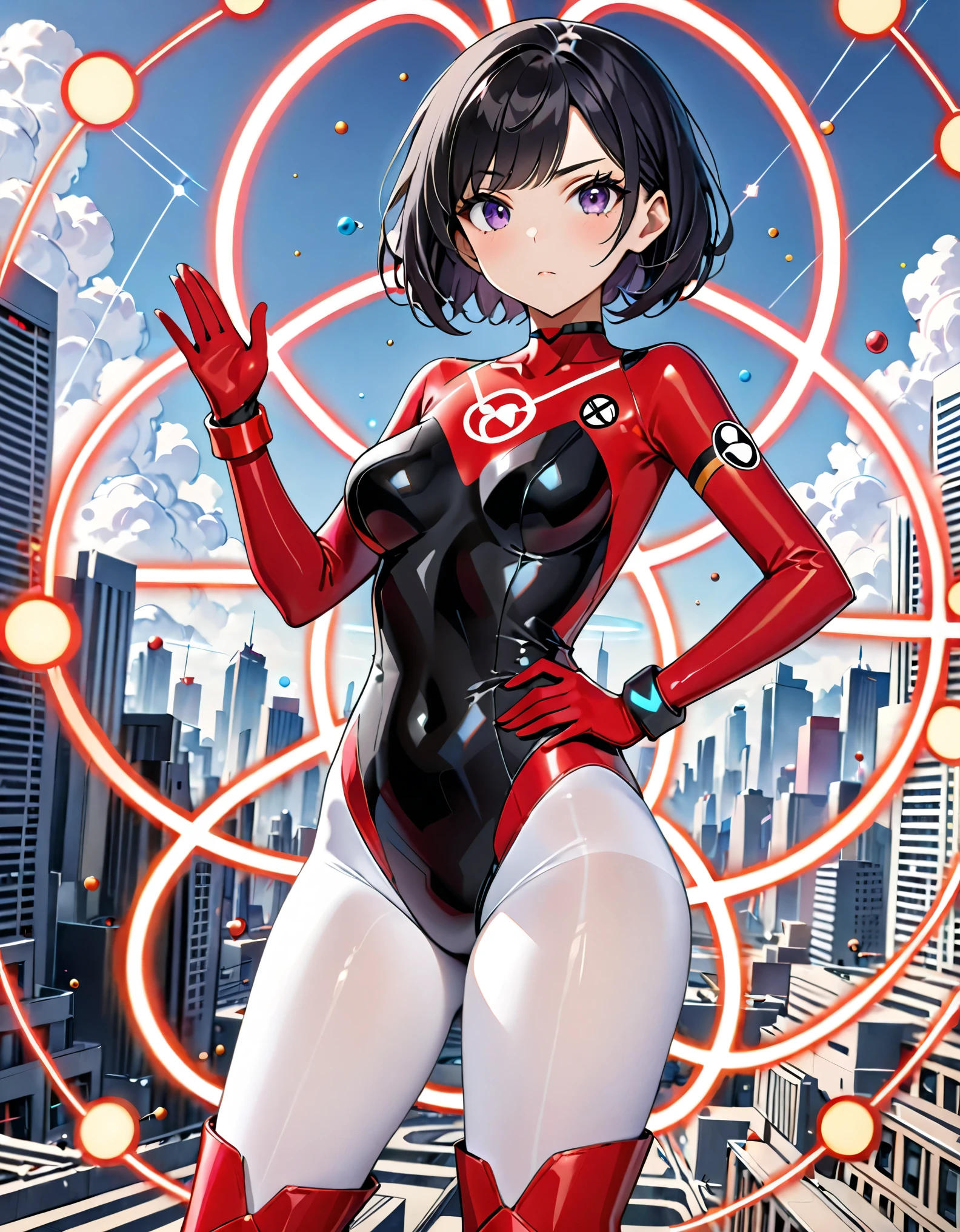 masterpiece, best quality, high resolution, professional, 8k, solo, solo focus, 1female, adult woman, cute and adorable woman, superhero, black hair, short hair, swept bangs, bob hair, purple eyes, beautiful detailed eyes, (leotard, black leotard, red bodysuit, (atomic particle symbol on chest:1.4), (full white pantyhose, white tights), (matching boots, red thigh-high boots:1.2, wrist gloves:1.2, red bracelets:1.2), serious expression, standing, standing straight, cowboy shot, perfect anatomy, full body costume design. city backdrop, (one hand on hip:1.2), (giantess:1.3)