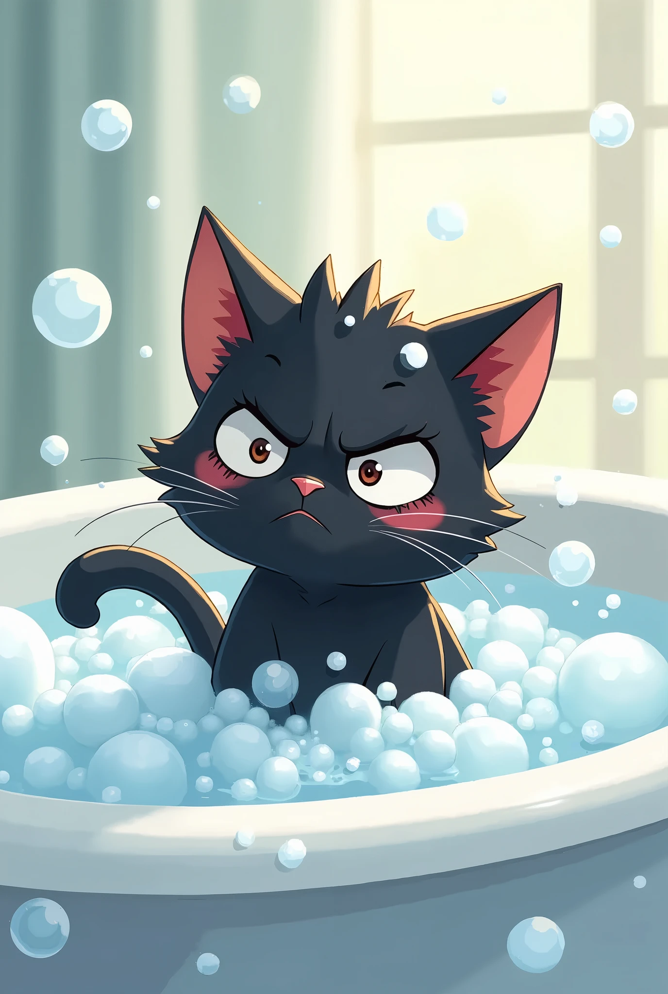 (masterpiece, high quality, High resolution, Cute and comical illustrations), Washed in the bathroom((Full of bubbles)Cute black cat, Because I hate water(((He has a very unpleasant look on his face.))), (The ears are flat), Mighah！