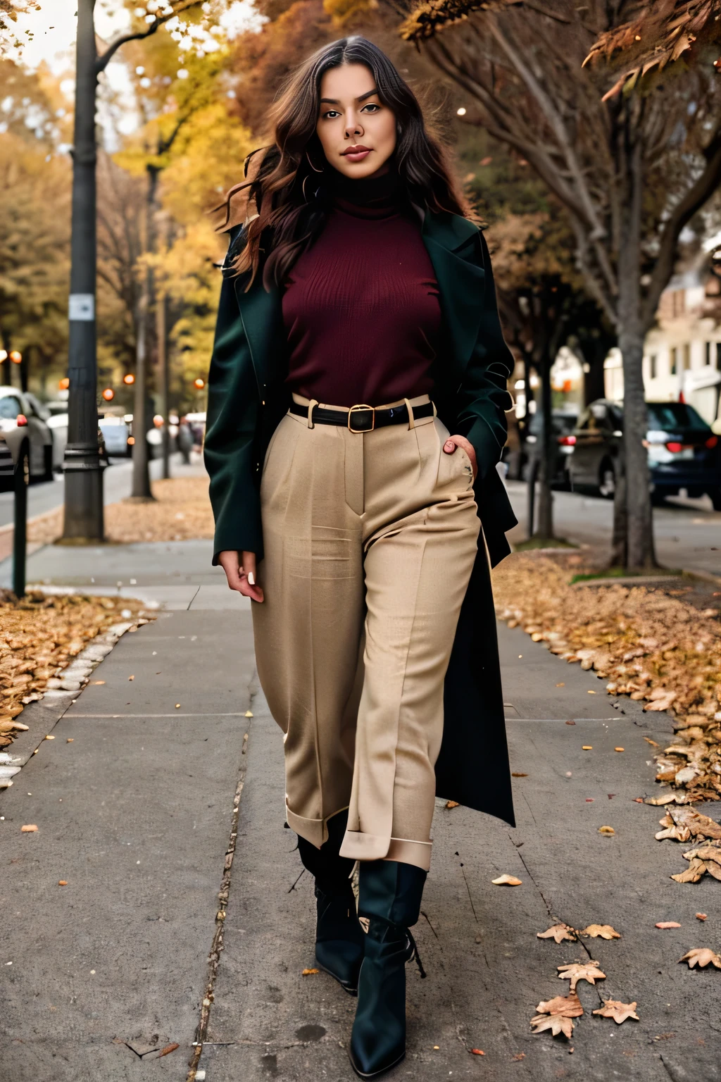 Create an image of a fashionable female model dressed in trendy autumn clothing. She is wearing a long, deep forest-green wool coat, paired with a light beige cashmere sweater and dark olive green trousers. The outfit is completed with black leather ankle boots and a burgundy crossbody bag. The model’s hair is styled in soft waves, and the scene is set in an urban park with fallen golden leaves scattered on the ground. The look emphasizes rich autumn tones and full-length, comfortable attire, perfect for cool, crisp weather.(Hands completle in pants)