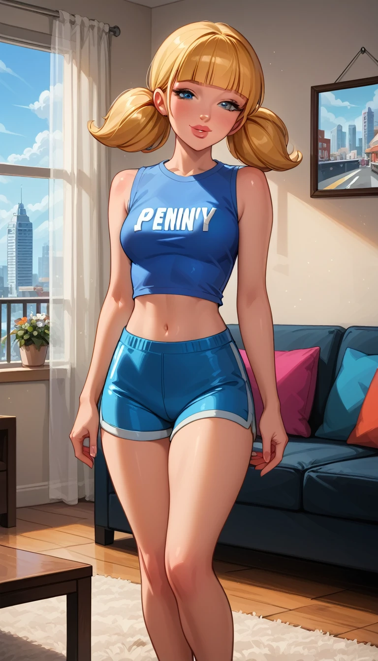 score_9, score_8_up, score_7_up, cinematic film still, solo, 1girl, very sexy (penny, blonde hair, twintails, blunt bangs, blue eyes, wearing sexy booty shorts, tight tshirt, plain tshirt, sleeveless, midriff, wedge:1.5), beautiful waifu, thicc, flirt, gaze, sexy look, half-closed eyes, head tilt, filled lips, thick lips, sweet smile, makeup, sexy pose, confident, standing, in the living room, beautiful modern apartment, city living, expressiveh d4rk01l, perfect hands, perfect proportions.