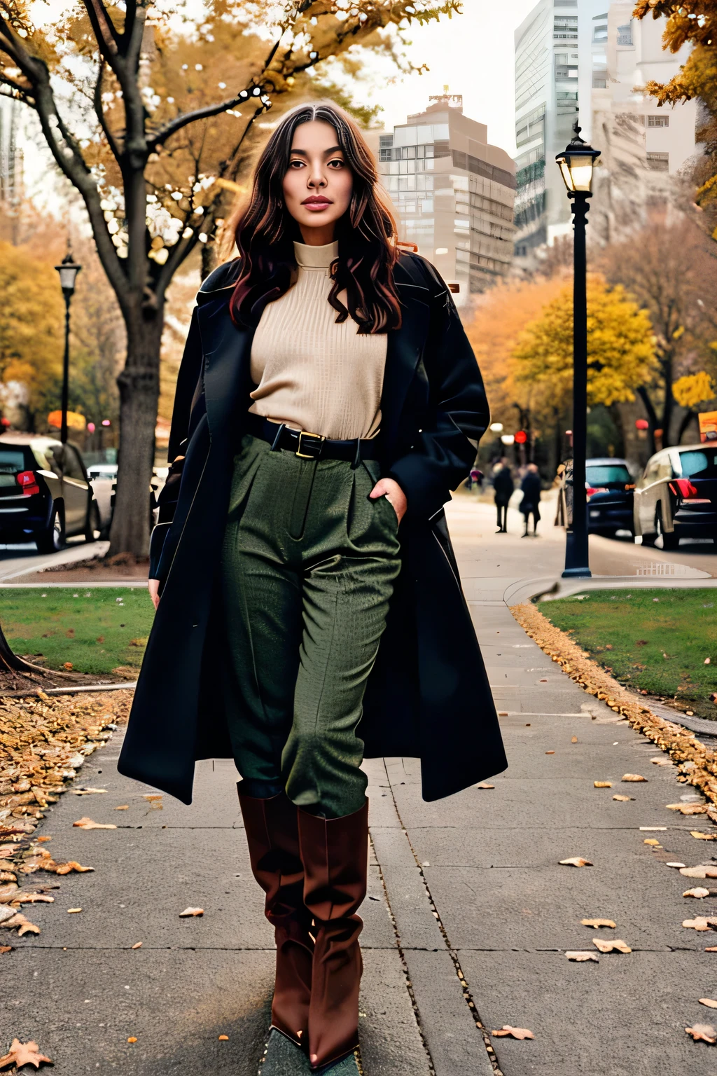 Create an image of a fashionable female model dressed in trendy autumn clothing. She is wearing a long, deep forest-green wool coat, paired with a light beige cashmere sweater and dark olive green trousers. The outfit is completed with black leather ankle boots and a burgundy crossbody bag. The model’s hair is styled in soft waves, and the scene is set in an urban park with fallen golden leaves scattered on the ground. The look emphasizes rich autumn tones and full-length, comfortable attire, perfect for cool, crisp weather