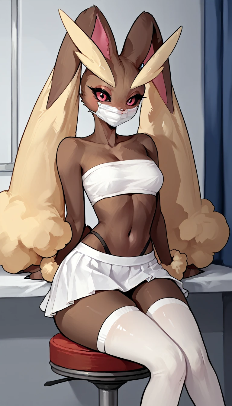 (zPDXL2), (PonyXLV6_Scores), source_anime, source_anthro, solo, Expressiveh, three-quarter portrait, rating_safe, looking at viewer, asymmetric image BREAK

an Anthro furry female lopunny, standing, tall slender body, wearing white bandeau, white microskirt with black thong, white thigh high socks, black thong visible, white surgical mask, in a hospital bedroom, sitting on a stool, legs crossed, hands on lap, 