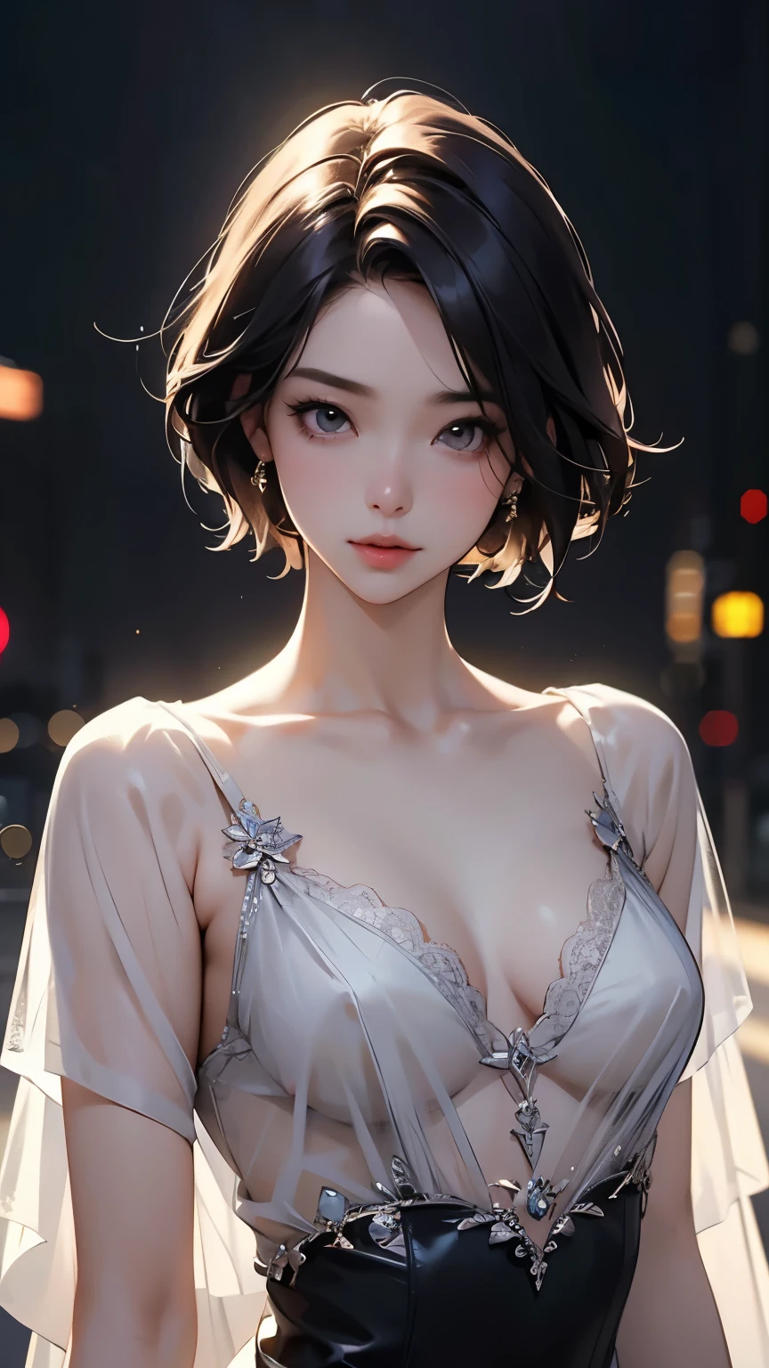  Super sexy short hair super girl、 Beautiful Hair、Shiny Hair、Small breasts、Beautiful Skin、Lace dress，See-through，Realistic lighting、Backlight、Blur the background、8k、Best Quality、High image quality、masterpiece、wallpaper、