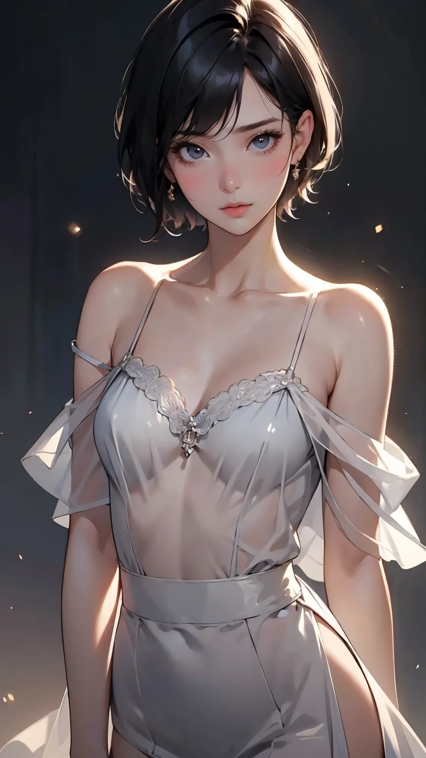 1 girl, Off the shoulder,Sexy Appearance, short hair、 Beautiful Hair、Shiny Hair、Small breasts、Beautiful Skin、Lace dress，See-through，In the Dark, Deep Shadow, Discreet key, Cold Light, Sargent-style watercolor、Blur the background、8k、Best Quality、High image quality、masterpiece、wallpaper、