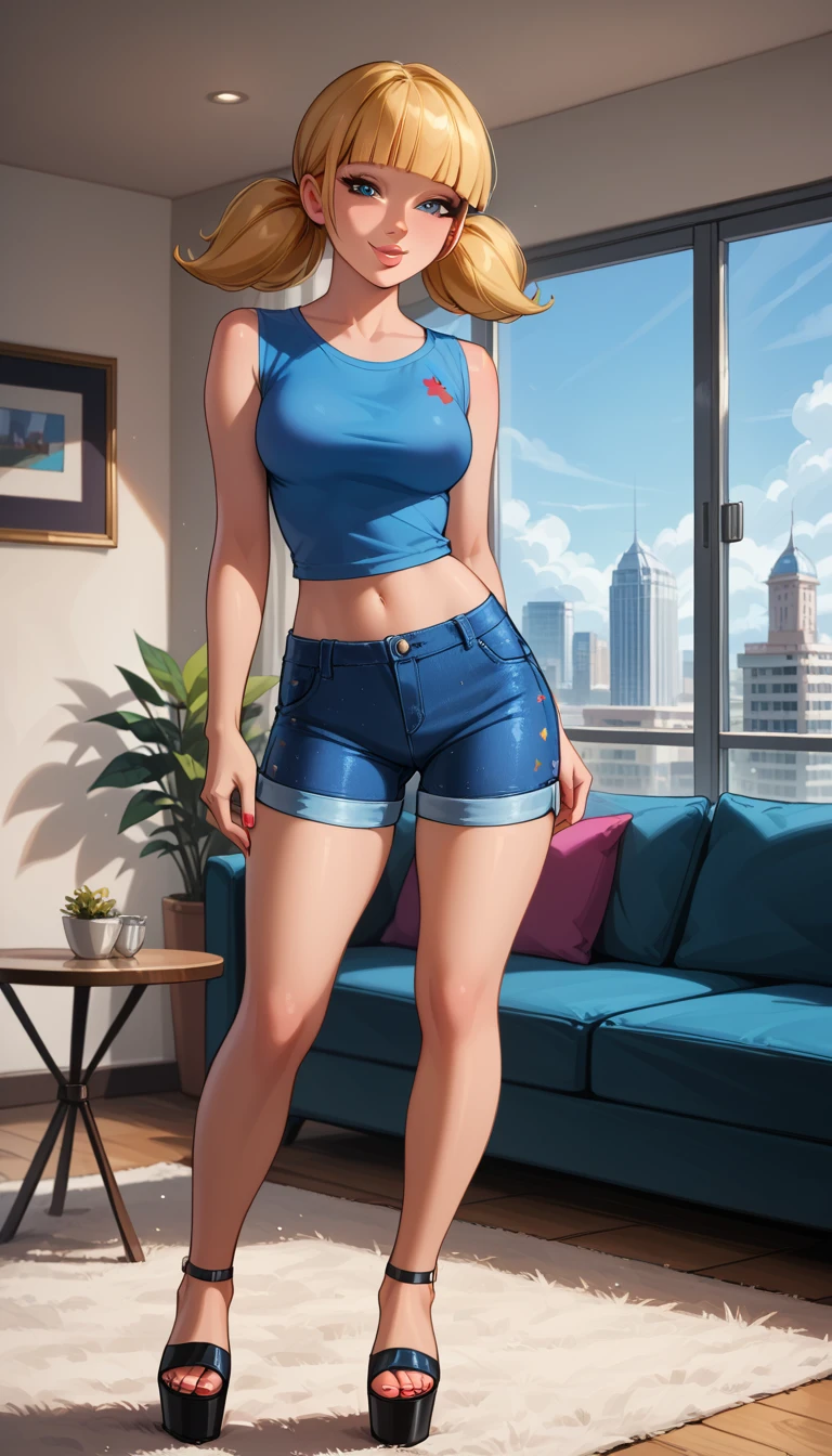 score_9, score_8_up, score_7_up, cinematic film still, solo, 1girl, very sexy (penny, blonde hair, twintails, blunt bangs, blue eyes, wearing sexy booty shorts, tight tshirt, plain tshirt, sleeveless, midriff, wedge:1.5), beautiful waifu, thicc, flirt, gaze, sexy look, half-closed eyes, head tilt, filled lips, thick lips, sweet smile, makeup, sexy pose, confident, standing, in the living room, beautiful modern apartment, city living, (full body in view), expressiveh d4rk01l, perfect hands, perfect proportions.