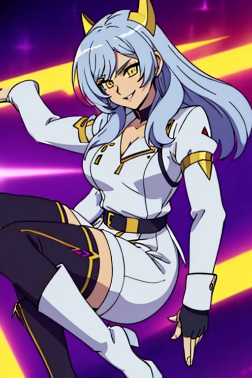 （（（Highest quality、first class、masterpiece、Normal body、8k、Detailed face、Ultra-precision、normal hand、Normal refer to、５refer to、Highest）））、Eternal Frail、Silver Hair、Long Hair、slender、Small breasts、Lady、kind、clear、pure、A blue suit that reveals a cleavage、Navy blue shorts、"SDGundamGジェネレーション"、Gundam、Mobile Suit Cockpit、Sit in the cockpit、Has a control stick、Surround monitor、Staring at the monitor、universeを翔る、universe、Fast Combat、High-speed maneuver