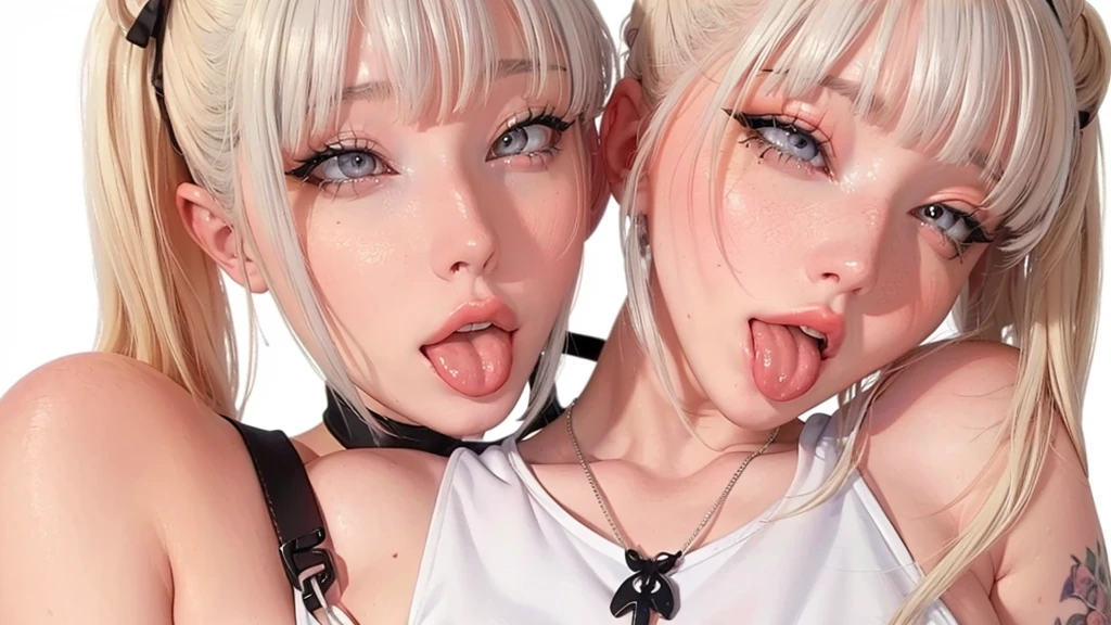 Cool women、sexy、Center of chest、Rize from Chainsaw Man、beauty、Yandere、、Face close-up、Kiss with your eyes closed、Chest tattoo、Christian Dior Necklace、(Background white)、(Twin tails)、
