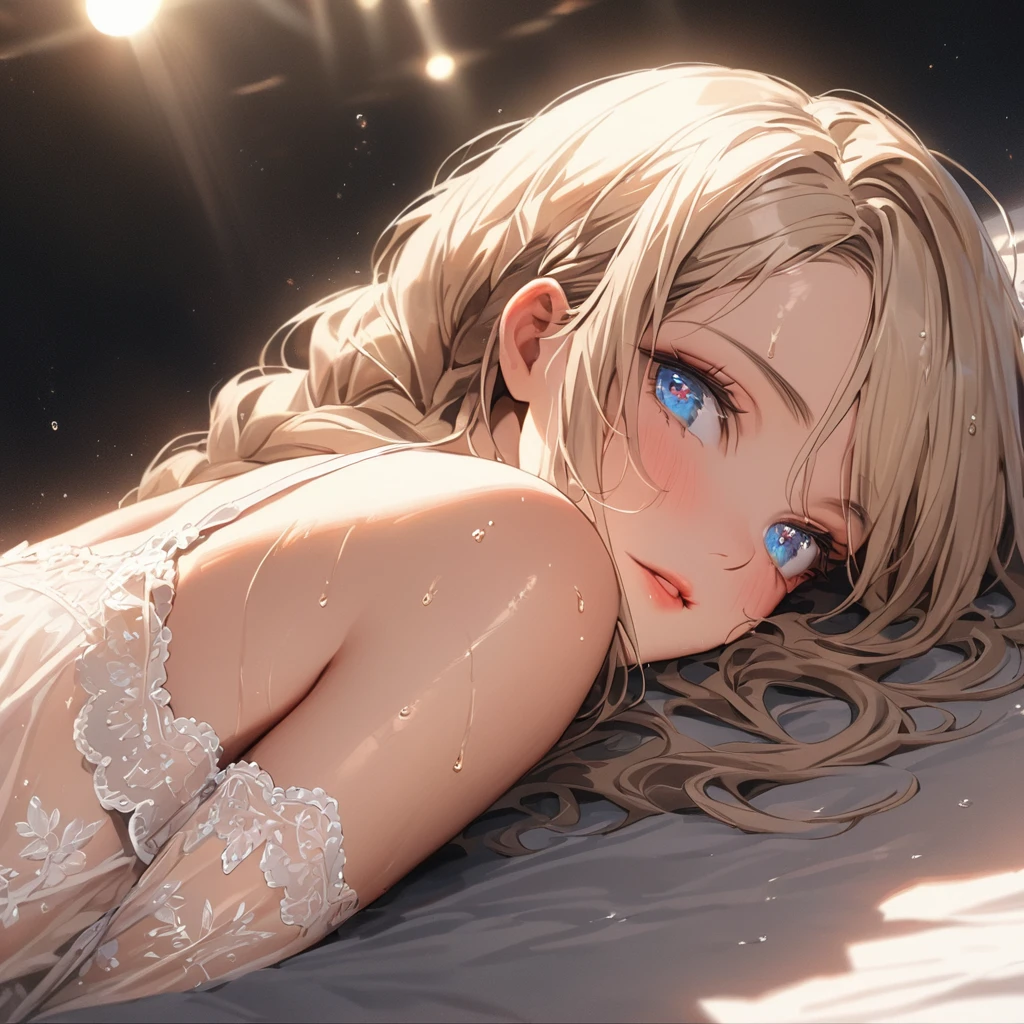 (((The facial features of a 20-year-old girl))), solitary, View audience, blue eyes, Blonde hair, Greek clothing,, naked, Staring at the audience, Large Breasts, . (best quality, 4K, 8K, High resolution, masterpiece:1.2), Super detailed, (Practical, photoPractical, photo-Practical:1.37), High Dynamic Range, Ultra HD, Studio Lighting, Ultrafine coating, Sharp focus, Physically based rendering, Extremely detailed description, professional, Vibrant colors, Bokeh, portrait, Purple, Ethereal Lights,(((European Caucasian Female Facial Features)))，(((Lying on the bed)))，(((Light blue sexy nightdress)))，(((Very big breasts)))，(((Sweet smile)))