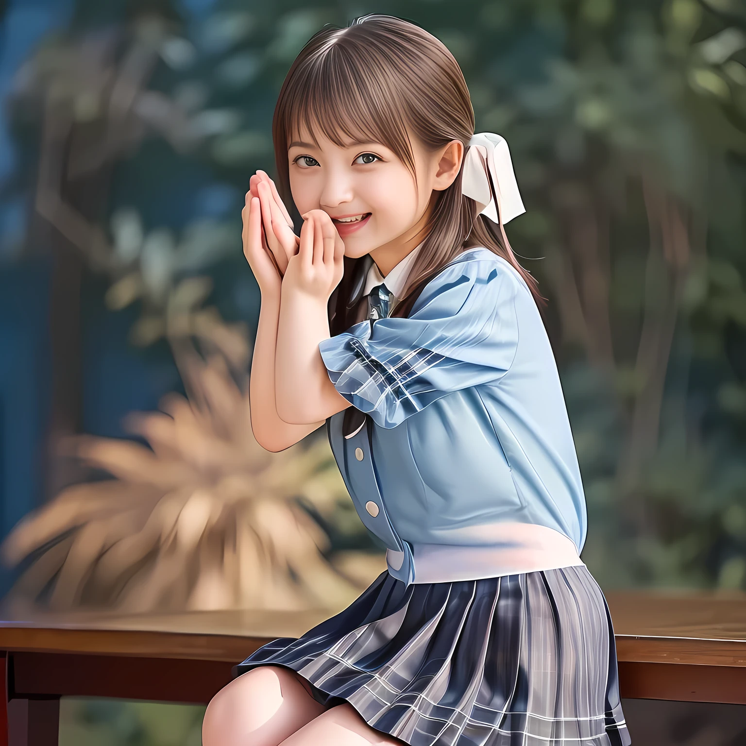 (Highest quality, masterpiece:1.2), Highest quality, High resolution, 1080P, 8k, height: 158cm, (A beautiful girls in a school uniform is sitting and praying, take the shot from their side: 2.0), (School-uniform beautiful 13yo girl models are smiling nobly in a young girls fashion magazine's page, promoting school uniform designed by Japanese school-wear maker: 1.8), (Well-grown rich breast and nice style: 1.8), (well arranged, balanced, untied, neat glossy wavy wavy super-long hair like hair model), (Double-deep-eyelids, wide pupils, completely balanced, very very large, Japanese beautiful popular model's cute widely open eyes, with detailed beautifully: 2.0), (Very-glossy lustrous lips: 1.8), (very high nose: 1.4), (Rich and long bottom-eye-slashes: 1.2), (Drives me crazy for her navy-colored neat tartan plaid blue skirts and make me fall into her navy-colored plaid-print pleats skirt: 1.4), (Fine white-face: 1.6), (Noble girly feminine frilled frilled clean frilled white girly puffed-sleeves blouse: 1.6), (Navy pleated plaid skirt: 1.5), (Plain big frilled ribbon on the breast), (Girl whom everyone loves because of her beauty and neat school fashion and noble manner and magic-charm of succubus: 1.3), (full body shot), (evenly cut curled glossy rich beautiful bangs: 1.6), (bright light hitting her white-face and skirt clearly beautifully), white-shining skin, (She is kissing, licking, and drinking the transparent air in front of her face, and grabbing it with her both beautiful hands and fingers like a prayer: 1.4), (All viewers will be captivated by her because her smile is too much cute), (Nothing but complete plain light blue background: 1.4)