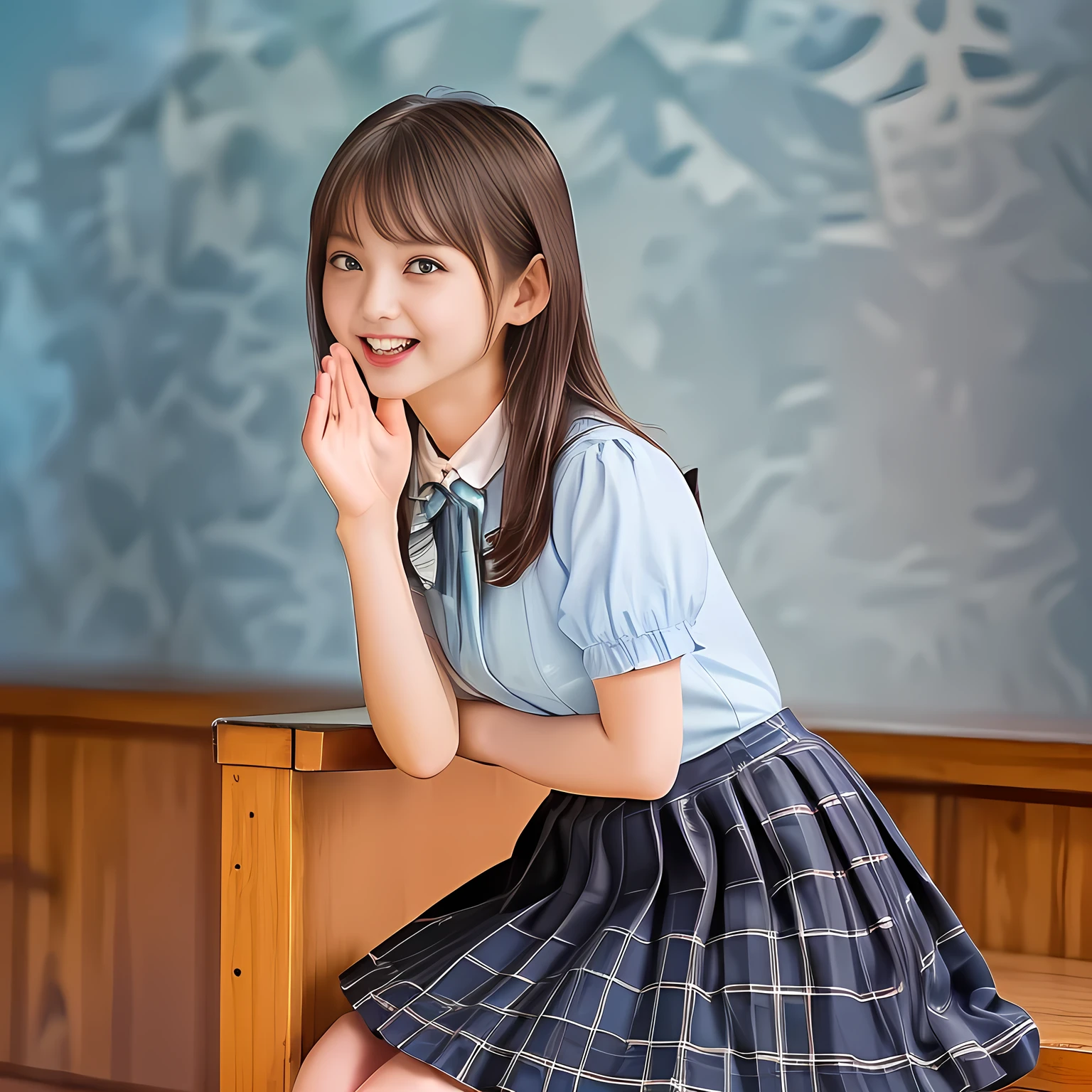 (Highest quality, masterpiece:1.2), Highest quality, High resolution, 1080P, 8k, height: 158cm, (A beautiful girls in a school uniform is sitting and praying, take the shot from their side: 2.0), (School-uniform beautiful **** girl models are smiling nobly in a young girls fashion magazine's page, promoting school uniform designed by Japanese school-wear maker: 1.8), (Well-grown rich breast and nice style: 1.8), (well arranged, balanced, untied, neat glossy wavy wavy super-long hair like hair model), (Double-deep-eyelids, wide pupils, completely balanced, very very large, Japanese beautiful popular model's cute widely open eyes, with detailed beautifully: 2.0), (Very-glossy lustrous lips: 1.8), (very high nose: 1.4), (Rich and long bottom-eye-slashes: 1.2), (Drives me crazy for her navy-colored neat tartan plaid blue skirts and make me fall into her navy-colored plaid-print pleats skirt: 1.4), (Fine white-face: 1.6), (Noble girly feminine frilled frilled clean frilled white girly puffed-sleeves blouse: 1.6), (Navy pleated plaid skirt: 1.5), (Plain big frilled ribbon on the breast), (Girl whom everyone loves because of her beauty and neat school fashion and noble manner and magic-charm of succubus: 1.3), (full body shot), (evenly cut curled glossy rich beautiful bangs: 1.6), (bright light hitting her white-face and skirt clearly beautifully), white-shining skin, (She is kissing, licking, and drinking the transparent air in front of her face, and grabbing it with her both beautiful hands and fingers like a prayer: 1.4), (All viewers will be captivated by her because her smile is too much cute), (Nothing but complete plain light blue background: 1.4)