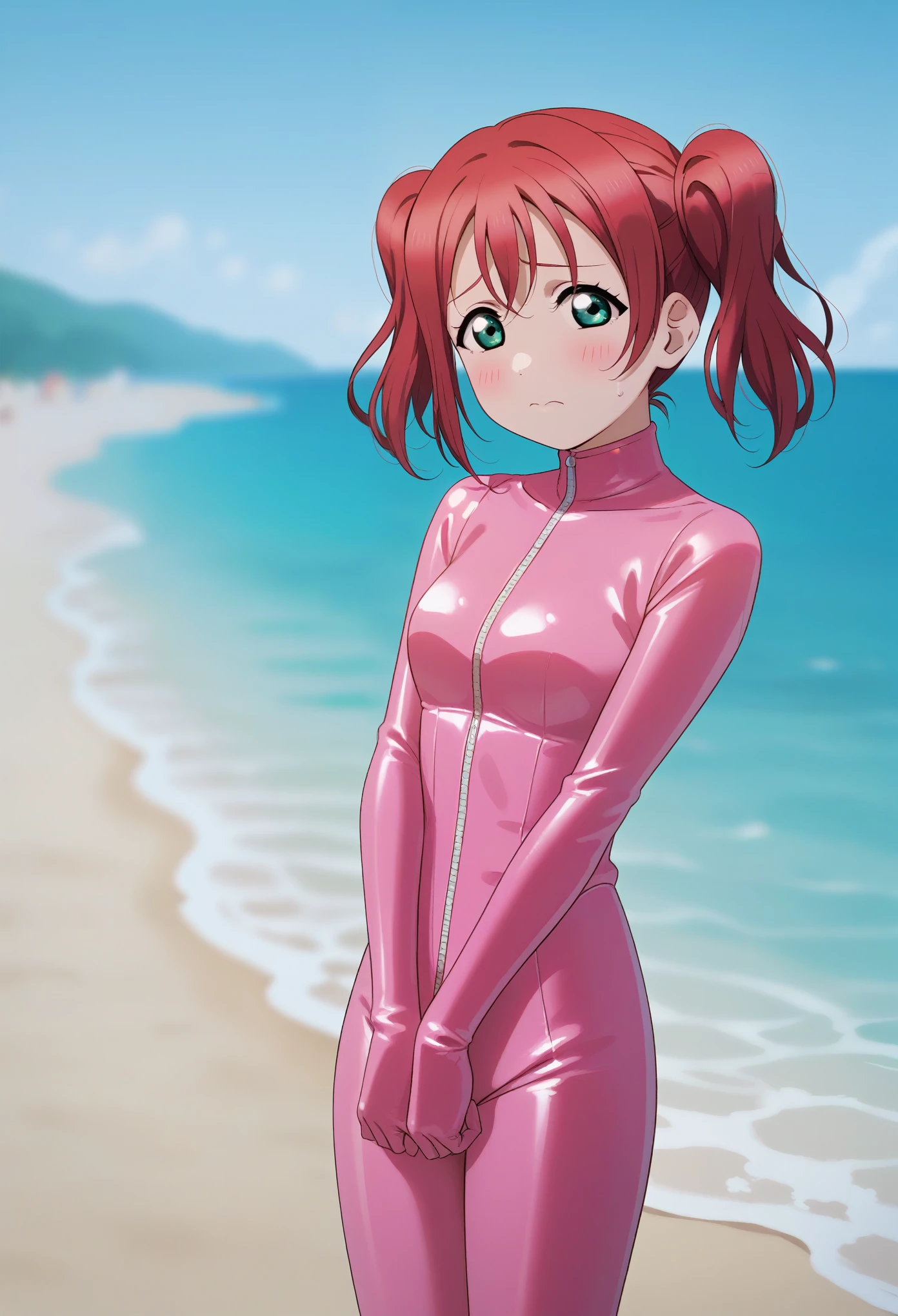 masterpiece, best quality, anime art, front light, solo, ruby kurosawa, twintails, bangs, (green eyes:1.3), red hair, aqua eyes, front view,pink latex bodysuit , love live ,standing,beach, blushing,shy, v-arms 