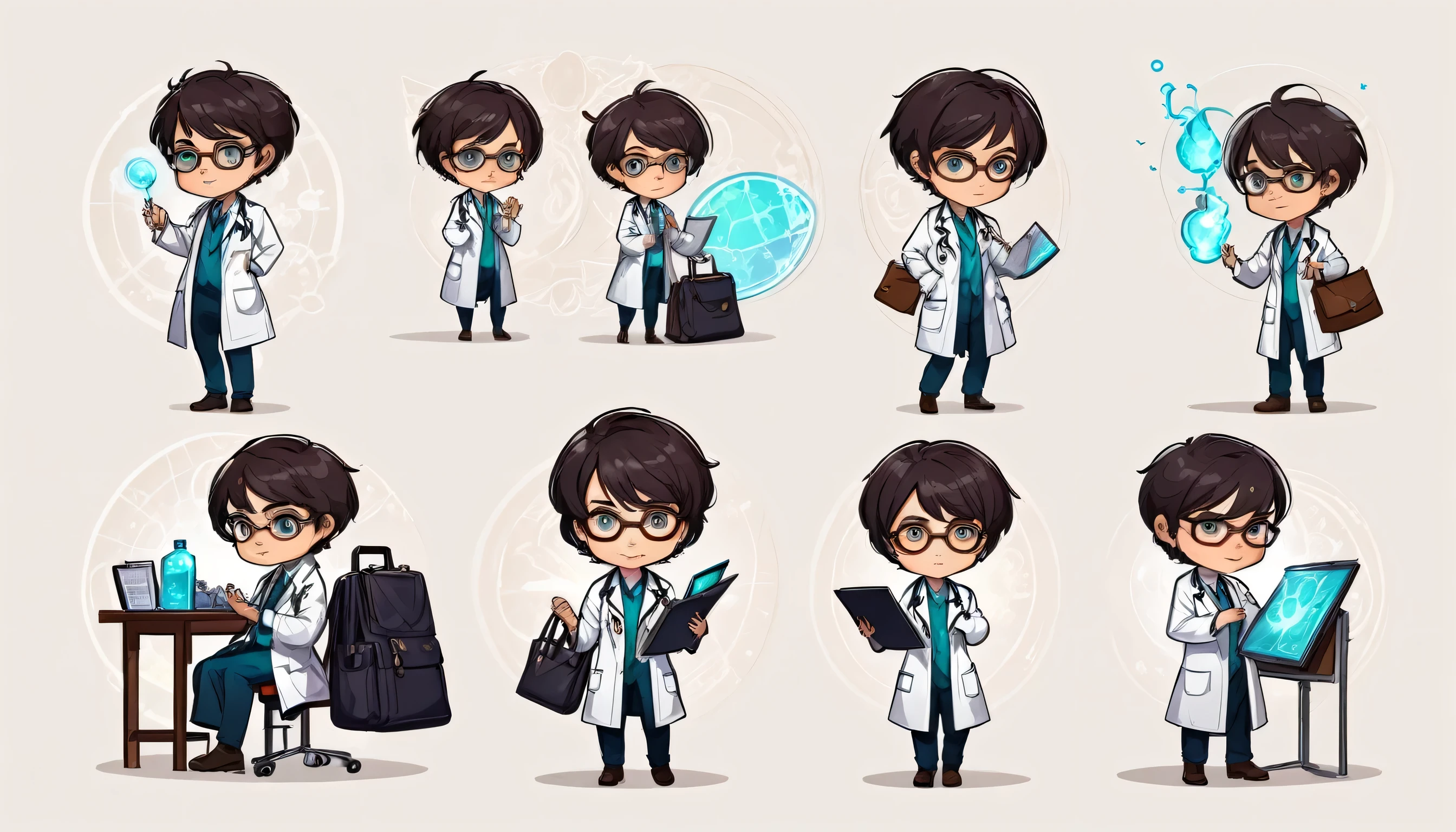 chibi style illustration magical doctor with short hair. who wore glasses, man and a lab coat, putting her hand into her bag, detailed   character sheet, multiple poses, multiple angles line stamps, 40 divisions, funny , various poses and expressions