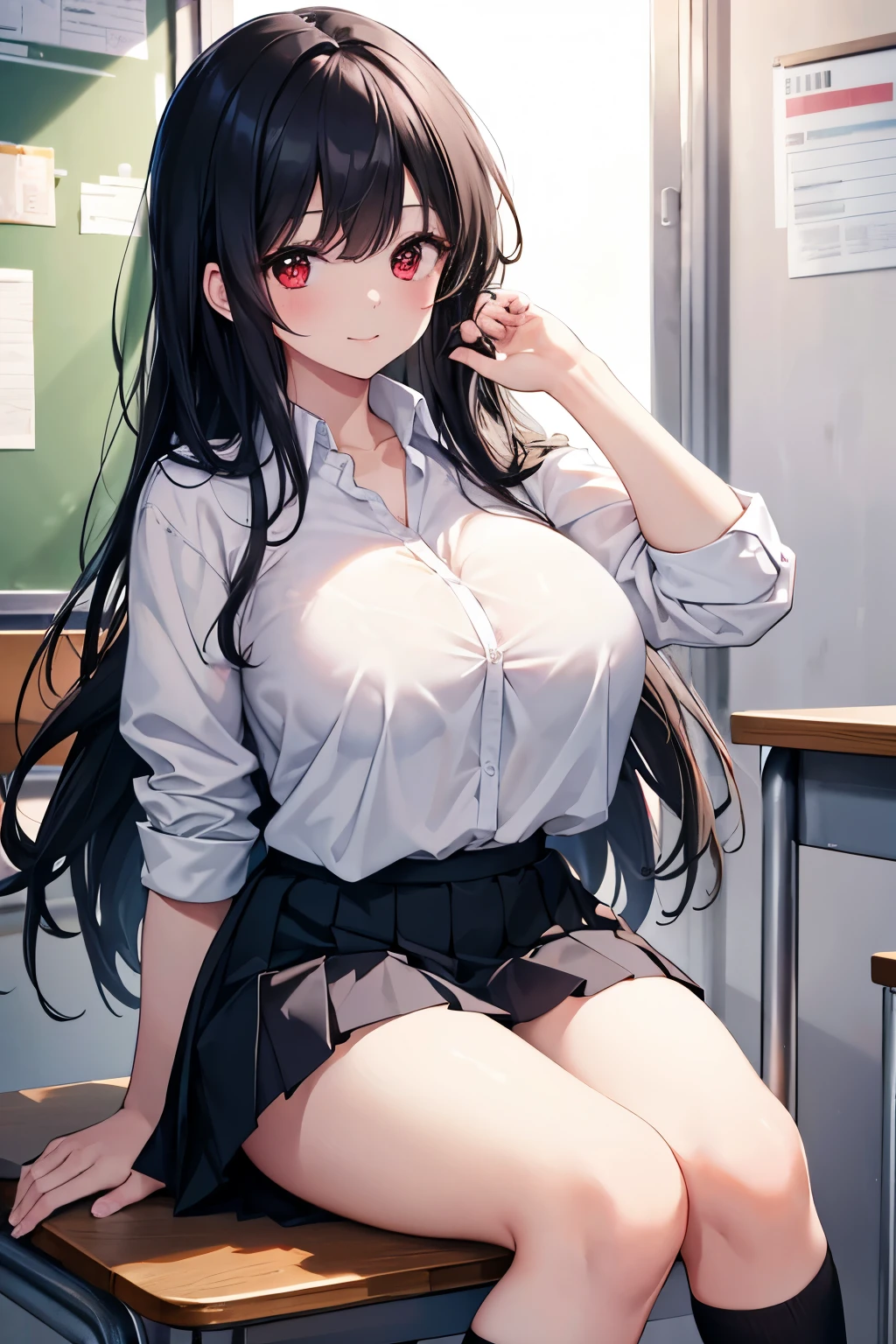 masterpiece、best image quality、ultra high resolution、age girl with big breasts、twin tail hairstyle、black hair、red face、shyly、Open your mouth just a little、White shirt with cleavage visible、pencil skirt、waist belt、sitting on the desk、inside the classroom