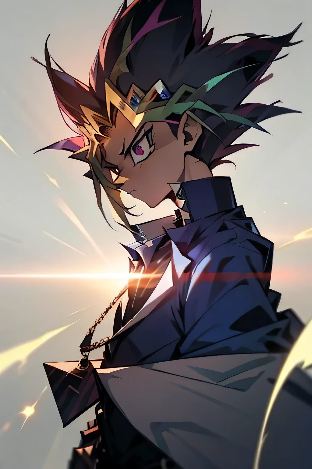 1boy, IncrRvrsCard, holding, card, holding card, arrow \(symbol\), <lora:UnoReverseCard:1.1>, upper body, smirk, playing card, <lora:Pos_PlayingCards:0.5>, indoors, yugi muto, black hair, jacket on shoulders, necklace, big pendant, sleeveless shirt, millennium puzzle, <lora:Char_Yugioh_YamiYugi:0.6>